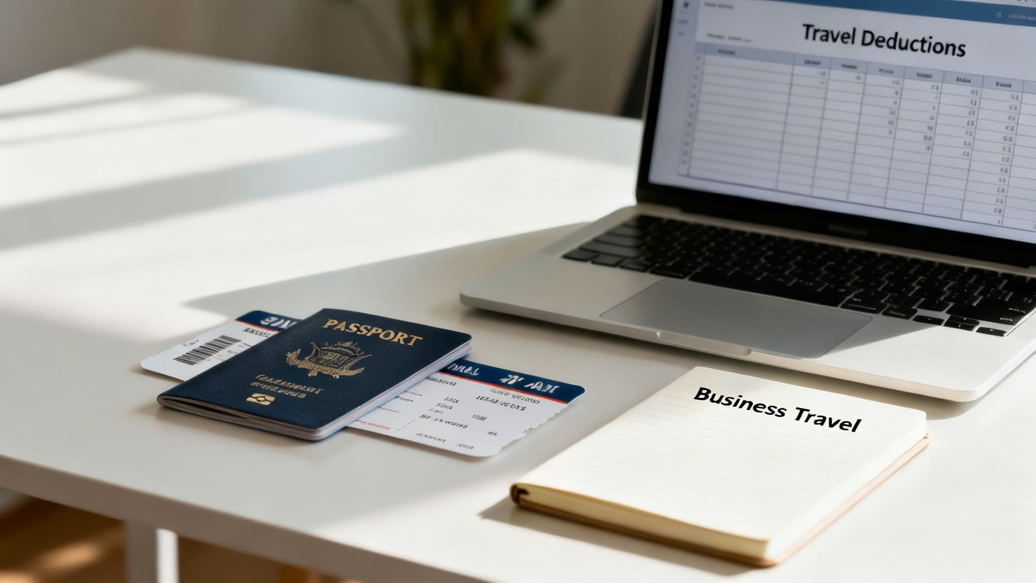 A laptop displaying a travel deductions spreadsheet next to a passport, airplane tickets, and a 'Business Travel' notebook.