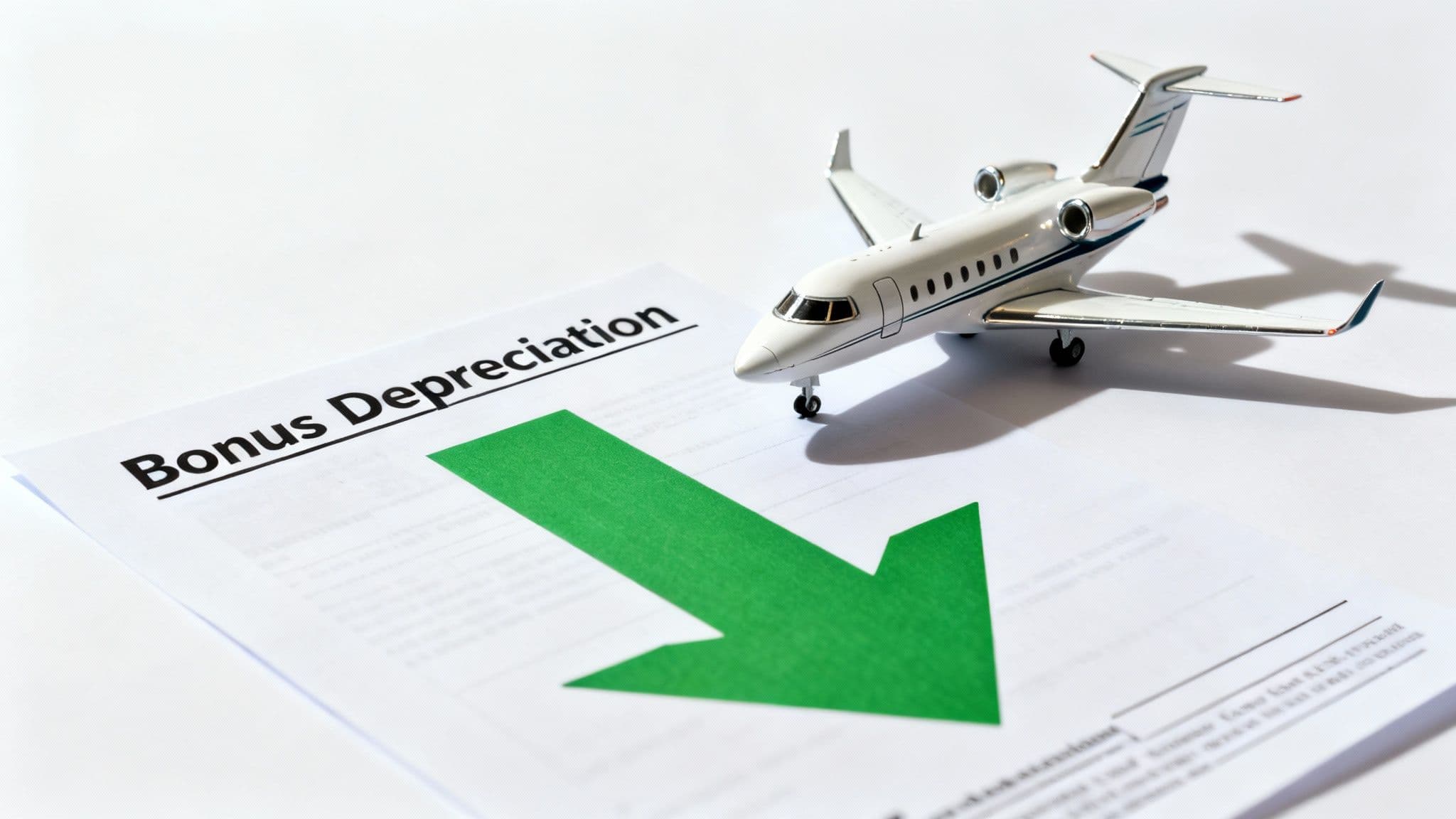 A toy airplane sits on a document titled 'Bonus Depreciation' with a green downward arrow, symbolizing tax benefits.