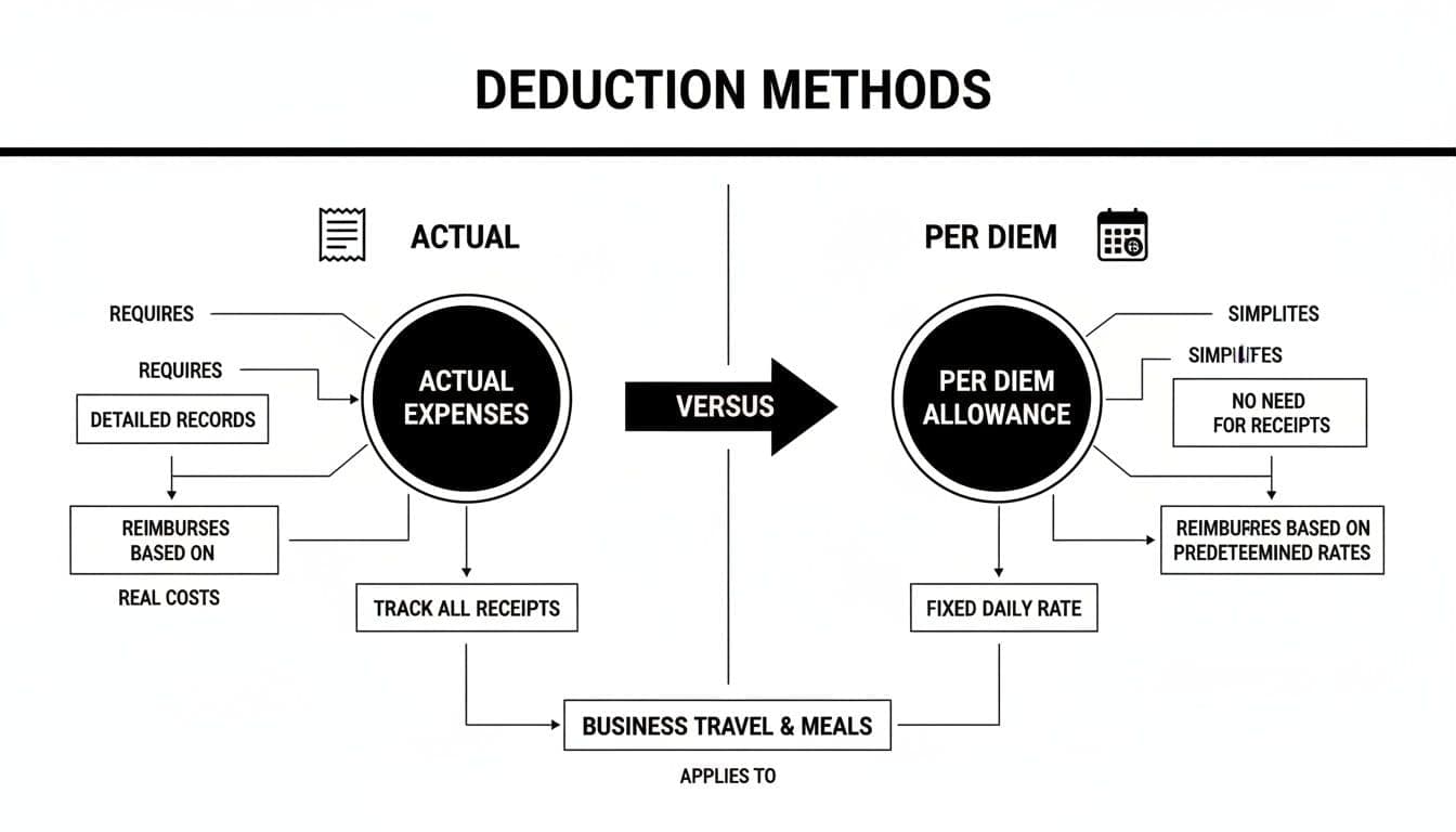 Flowchart comparing actual expense tracking versus per diem allowance for business travel and meals.