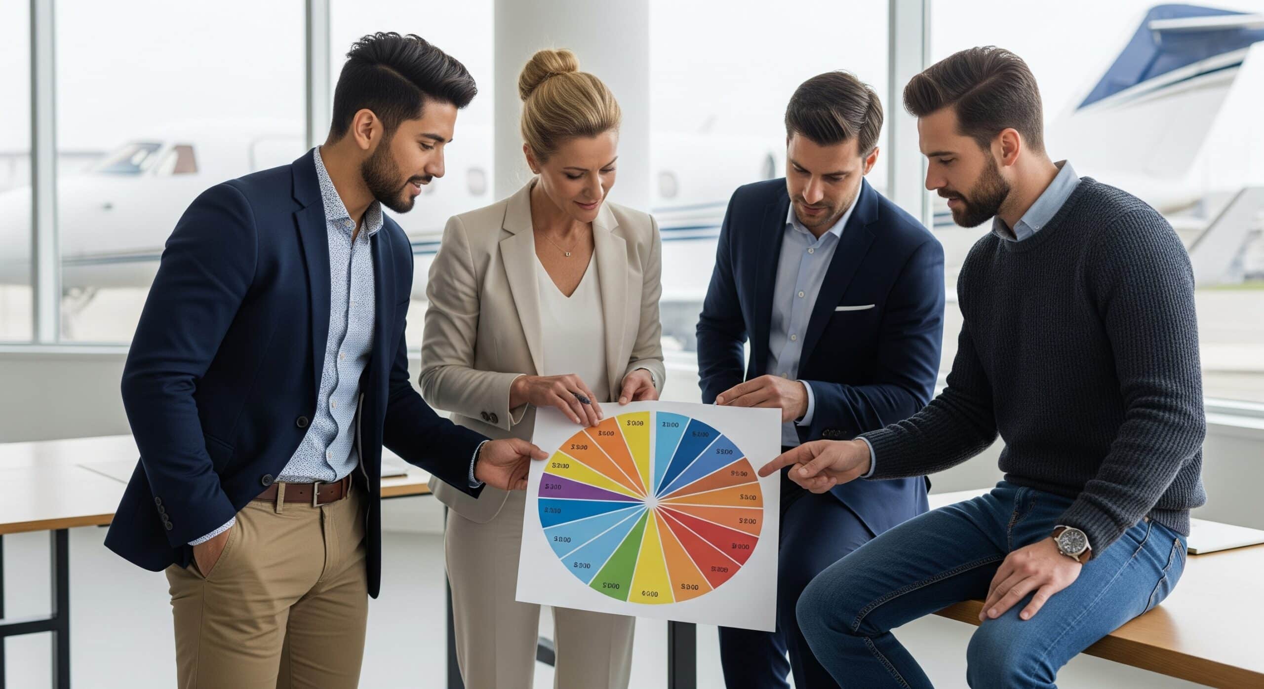 Business travellers holding a segmented pie chart beside a private jet, representing fractional shares