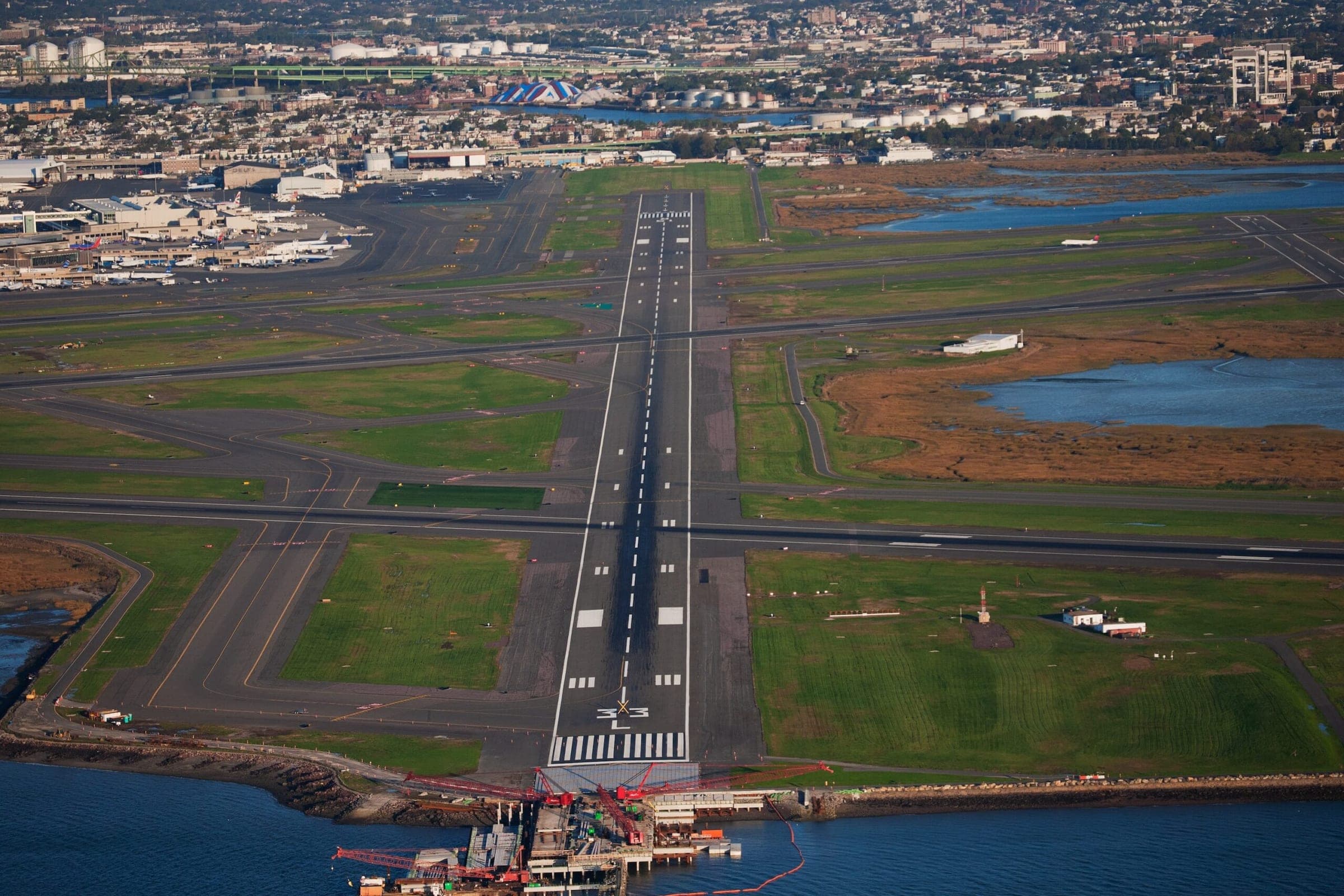 Aerial view of runway 33L at Logan International Airport, Boston, MA