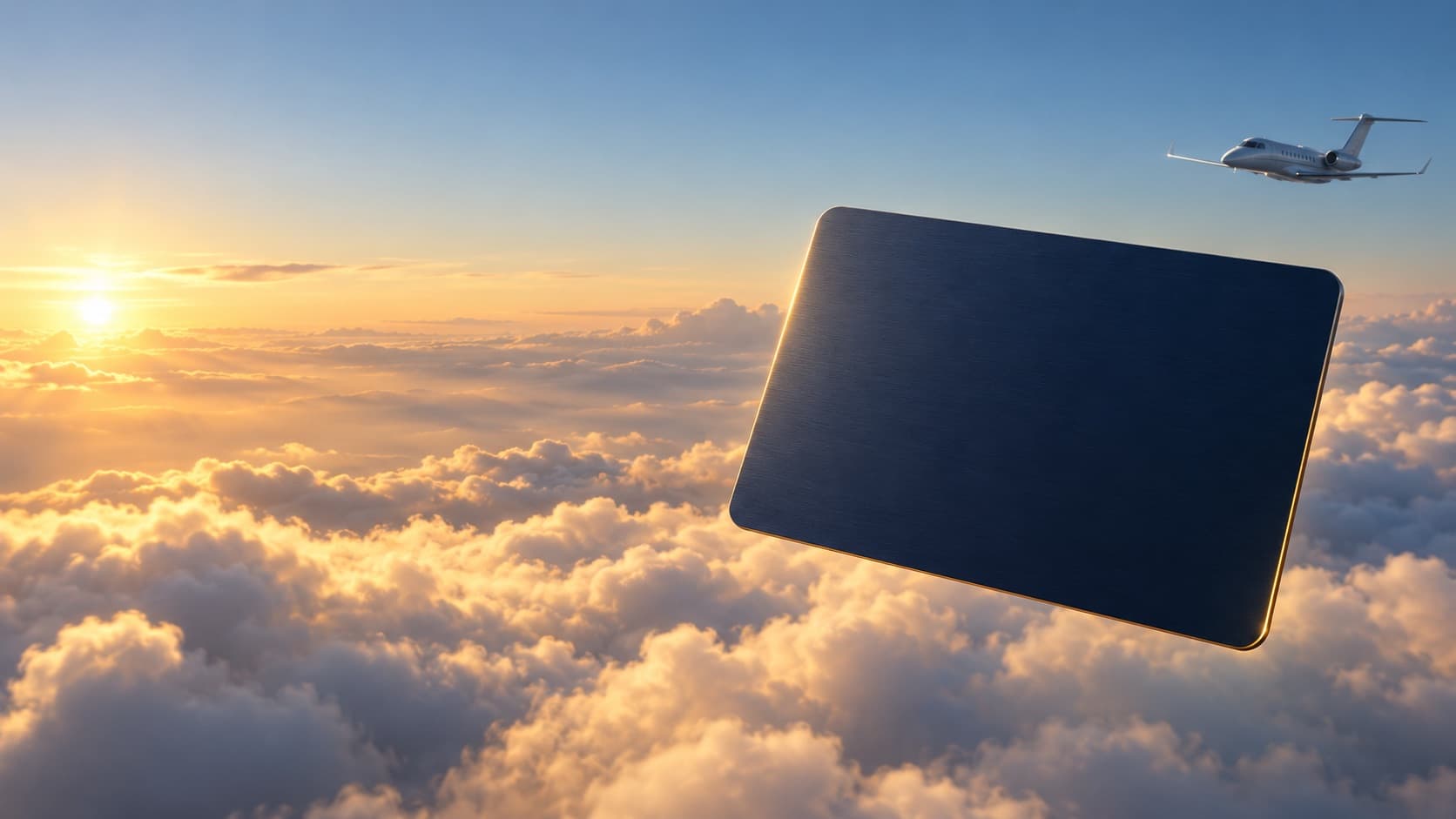 A dark navy jet card above the clouds at sunset, with a business jet in the sky