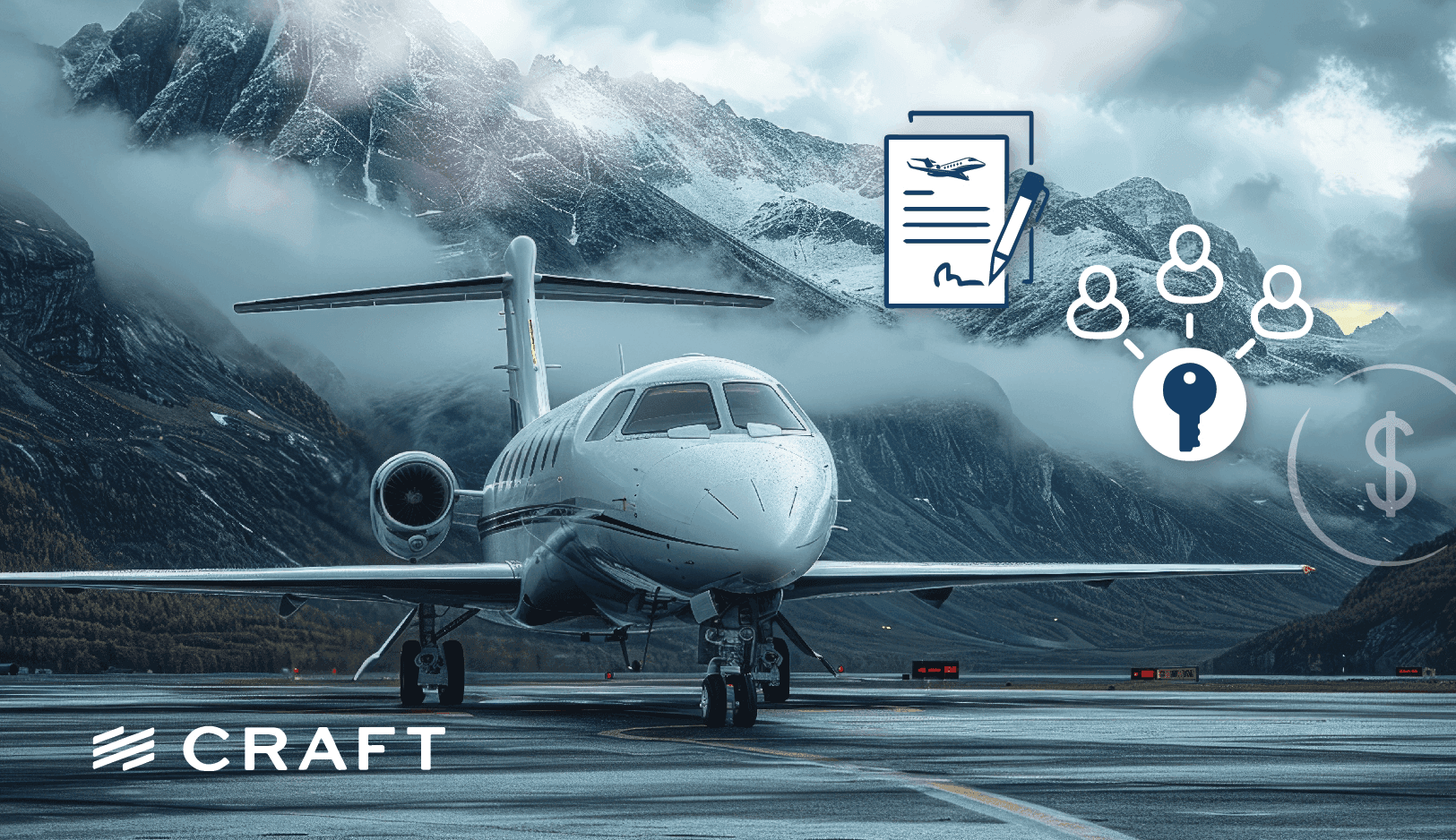 A private jet on a mountain runway with contract, ownership and cost icons overlaid