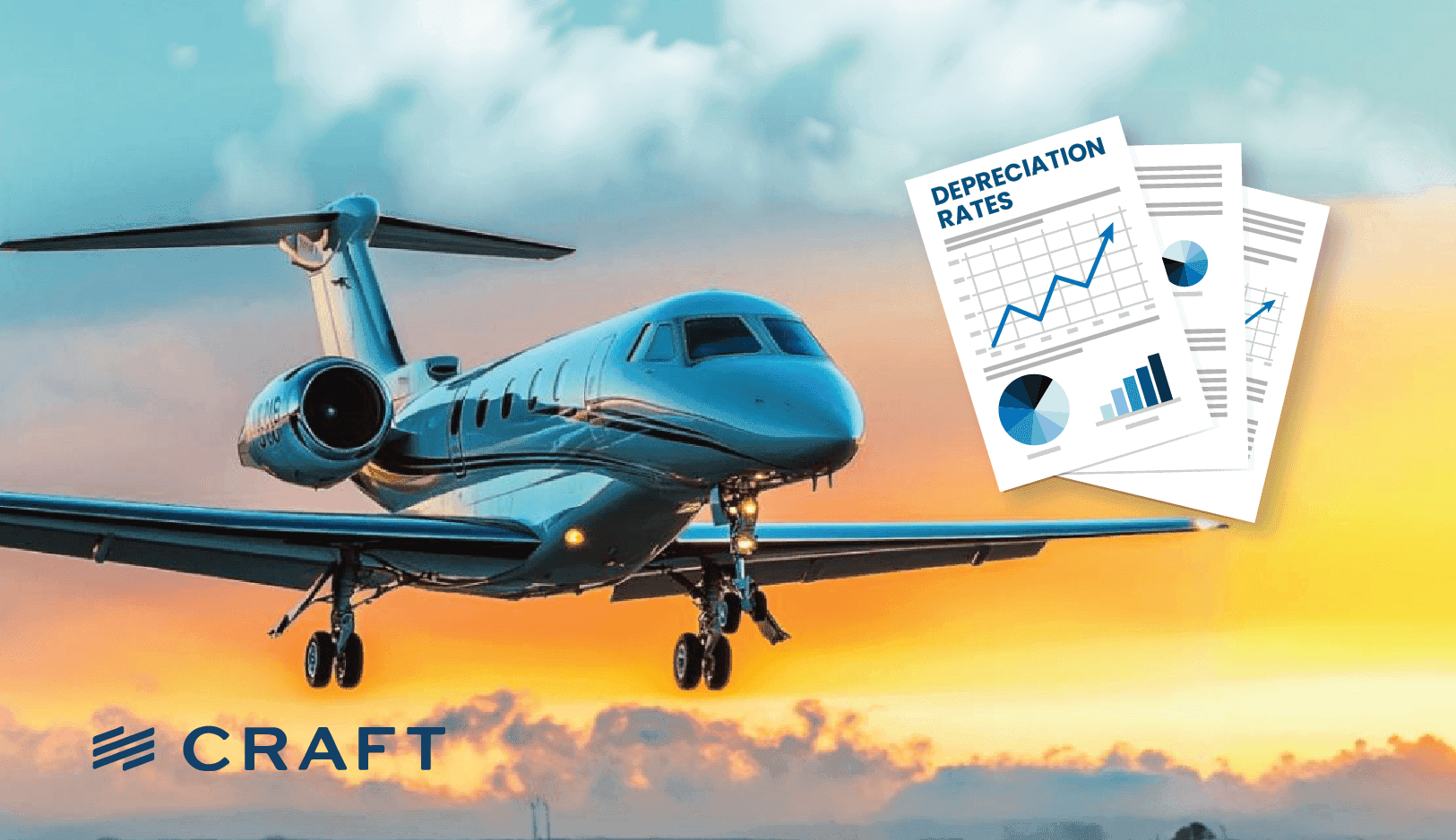A private jet at sunset beside printed depreciation rate charts