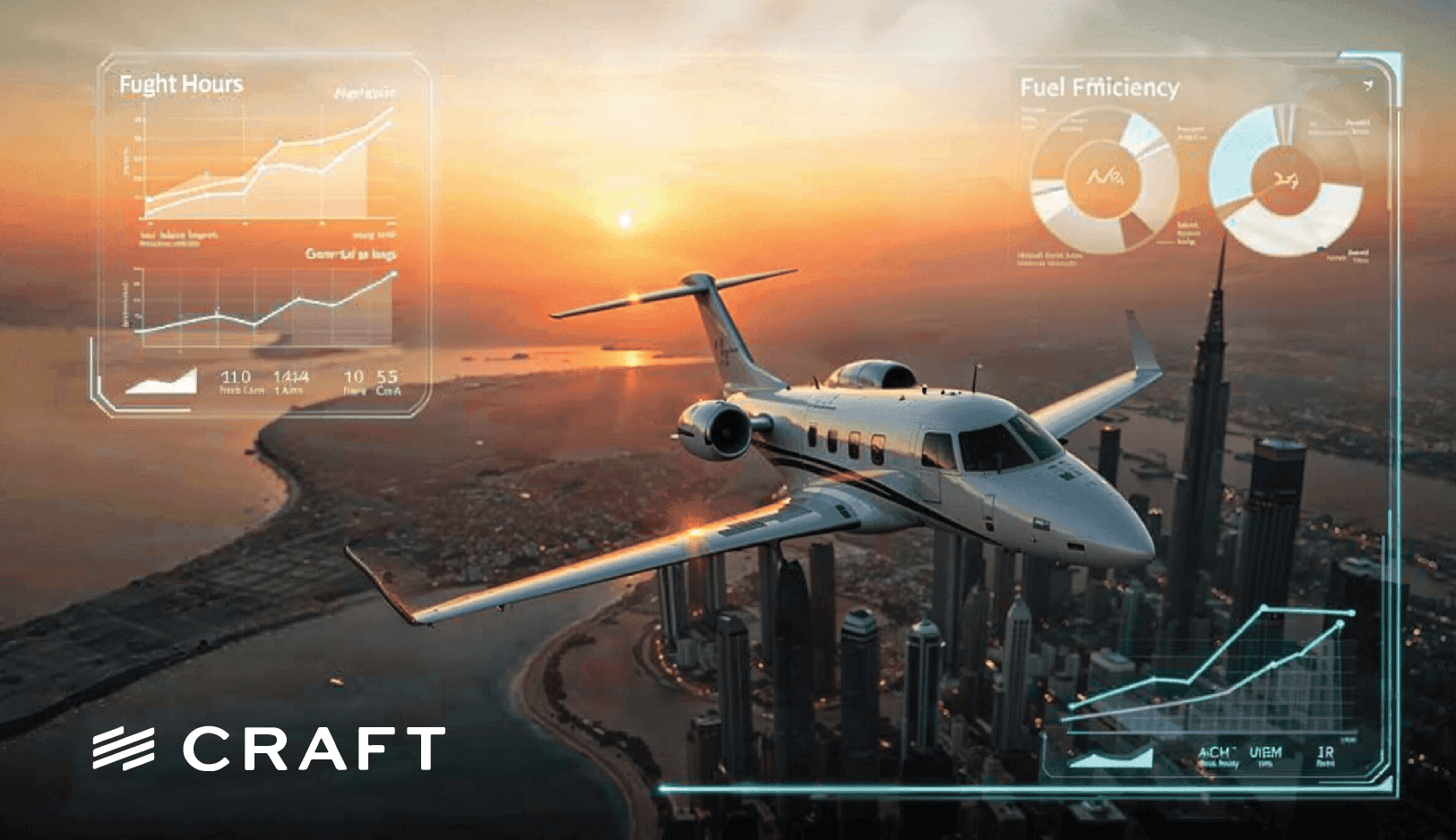A private jet over a coastline at sunset with flight hours and fuel efficiency charts overlaid