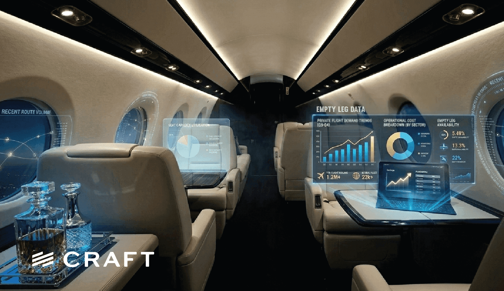 A private jet cabin with empty leg availability and demand charts on floating displays