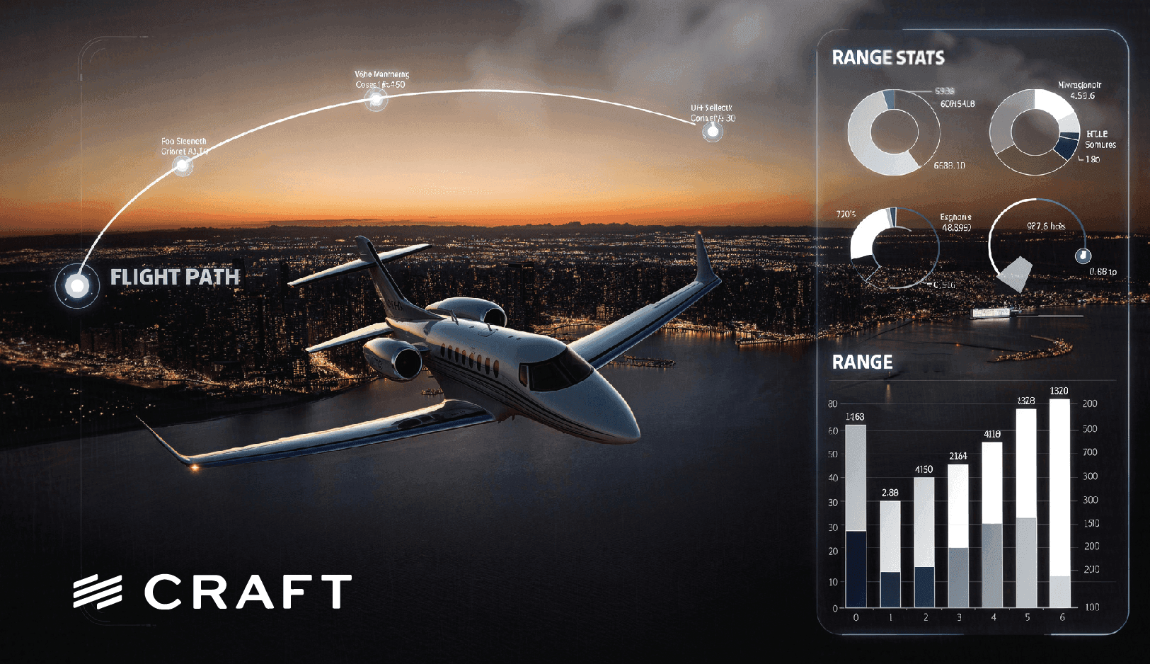 A private jet over a city at dusk with a flight path arc and range charts overlaid