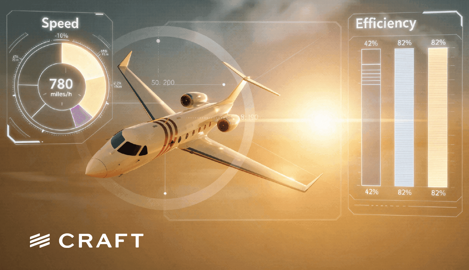 A private jet with speed and efficiency gauges overlaid, the speed dial reading 780