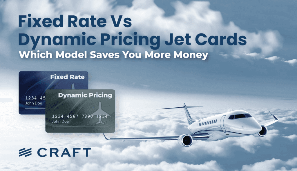 Two jet cards labelled Fixed Rate and Dynamic Pricing beside a private jet above the clouds