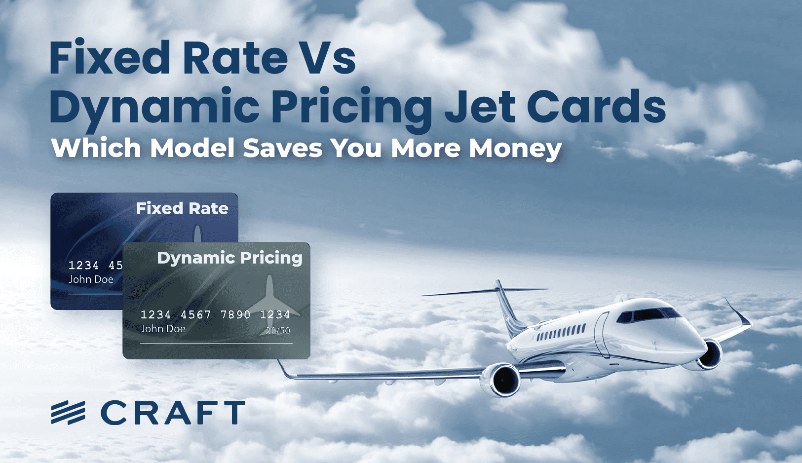 Two jet cards labelled Fixed Rate and Dynamic Pricing beside a private jet above the clouds