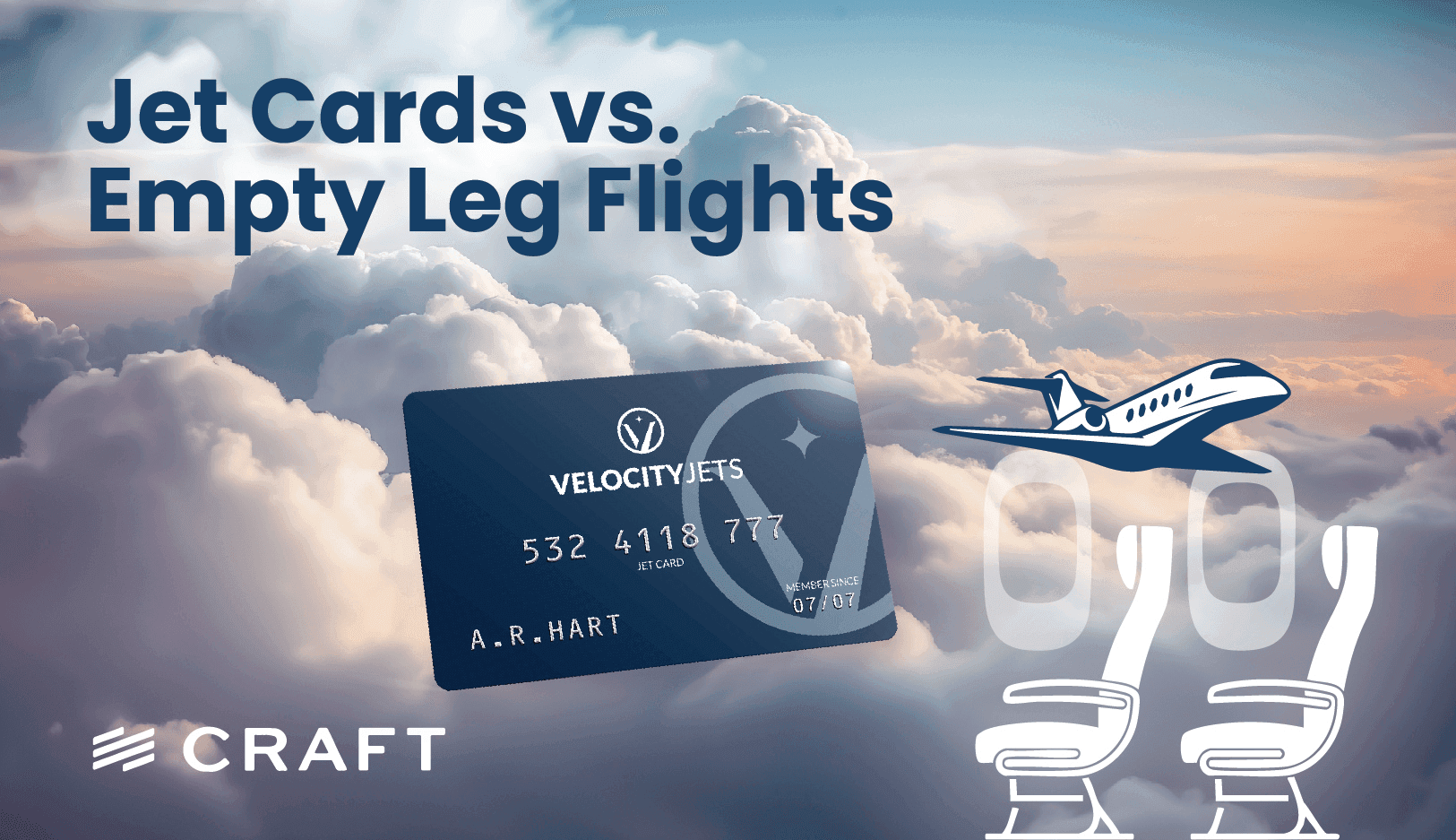 A jet card and an illustrated aircraft with empty cabin seats above the clouds