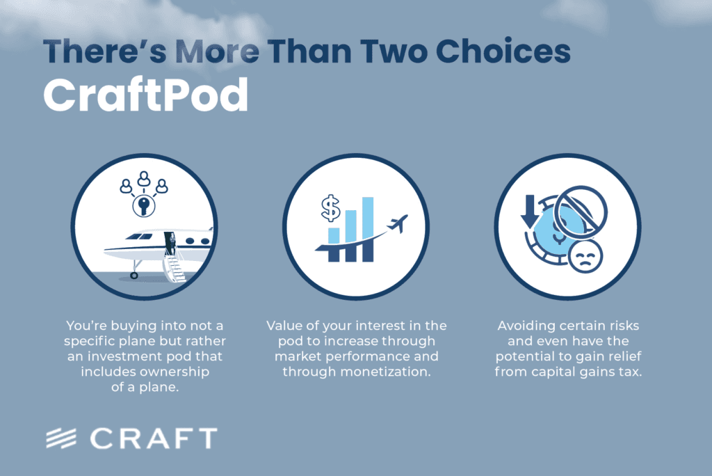A panel describing an investment pod as a third option beyond jet cards and empty legs