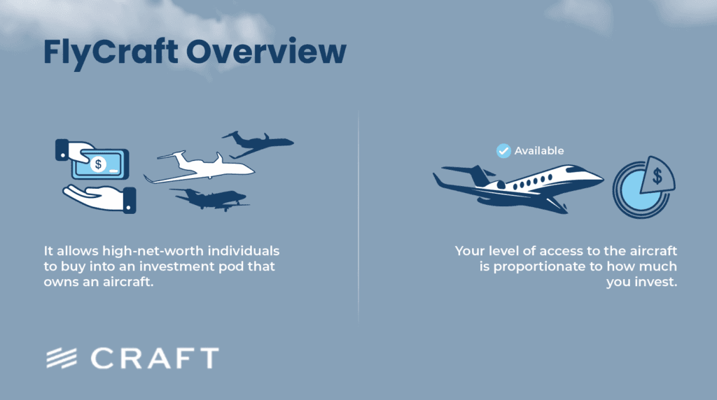 An overview panel describing an investment pod model and proportional aircraft access