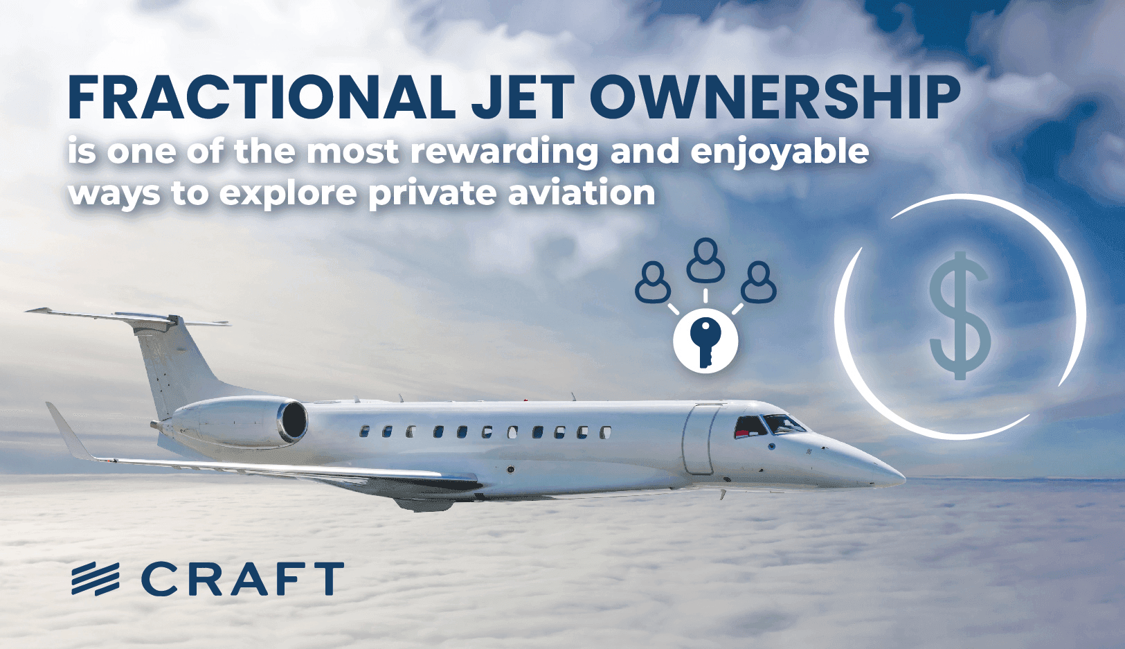 A private jet in flight with fractional ownership and dollar icons overlaid