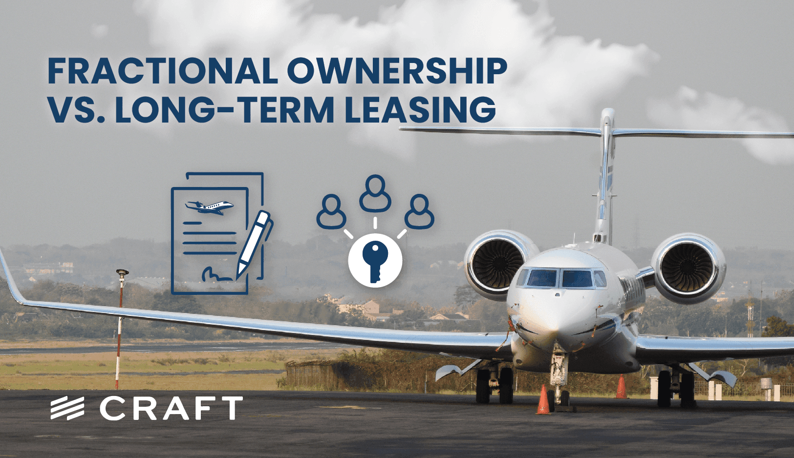 Two private jets on the ramp under the heading Fractional Ownership vs Long-Term Leasing