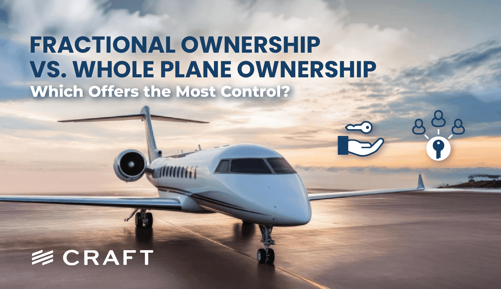 A private jet on the ramp at dusk with fractional ownership icons overlaid