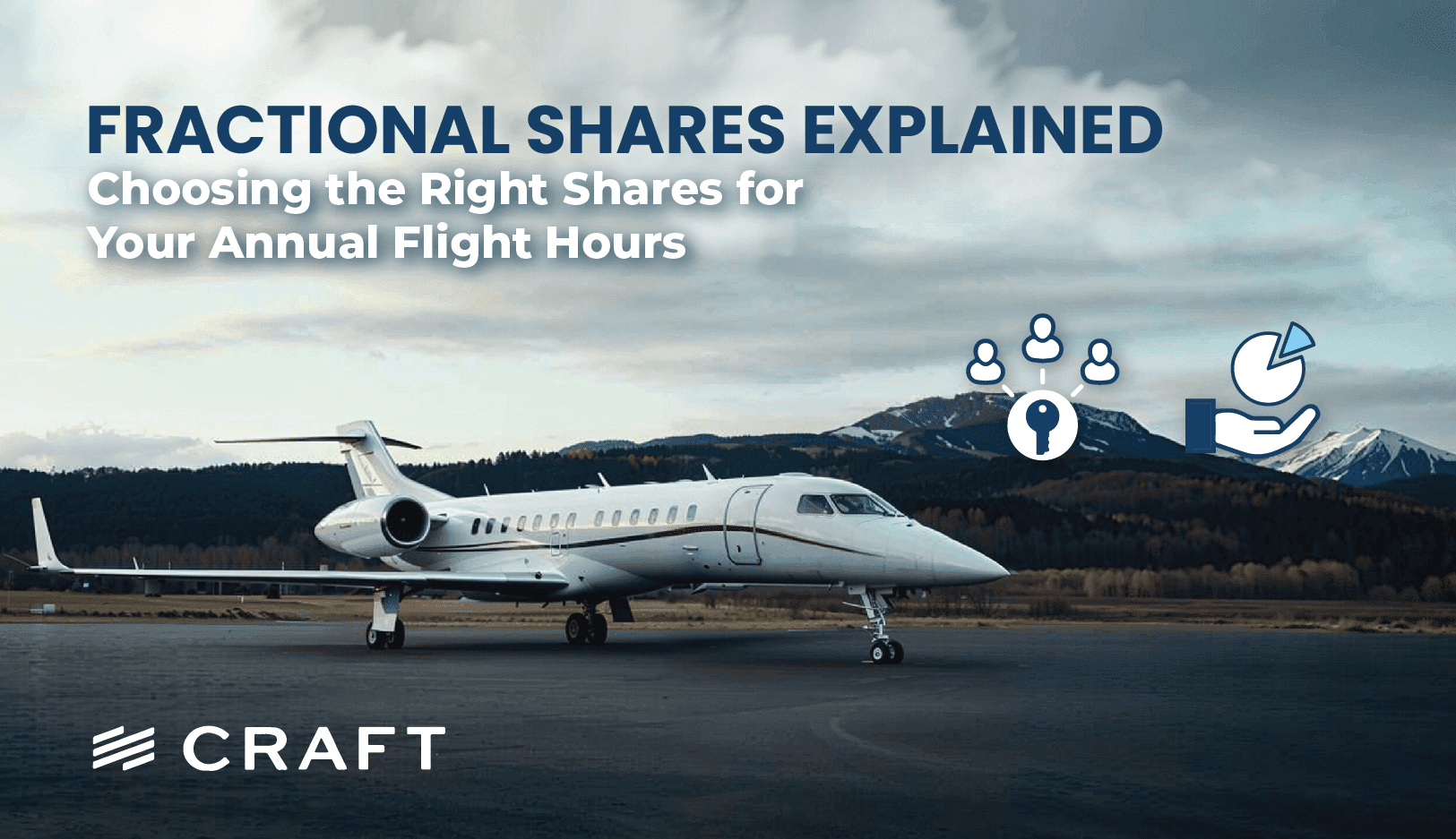 A private jet parked before a mountain range with fractional share icons overlaid