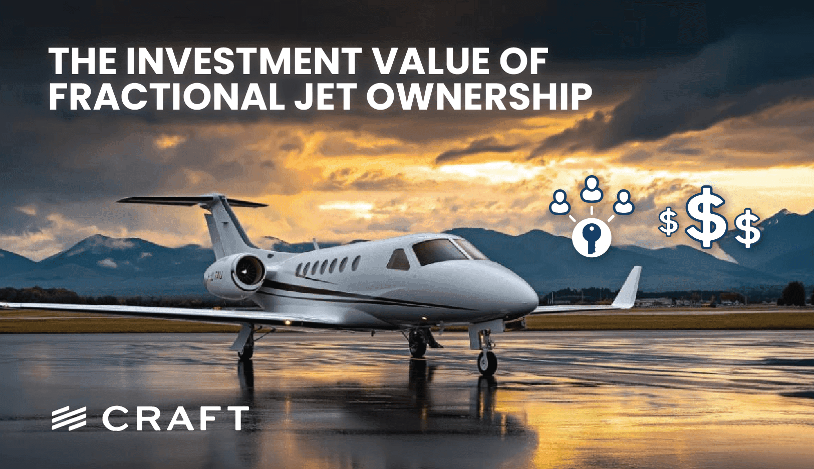 A private jet on a wet ramp at dusk with ownership and dollar icons overlaid