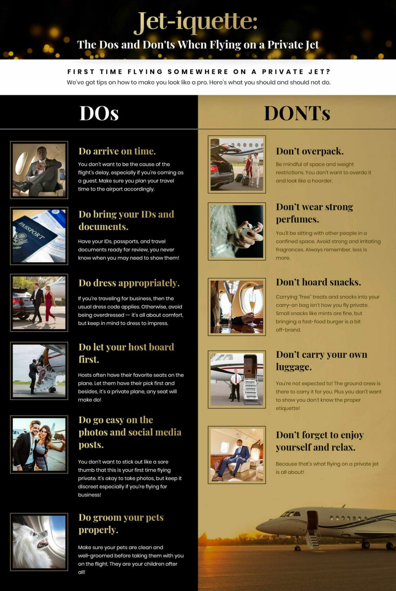 A jet etiquette infographic listing dos and don'ts for first-time private jet passengers