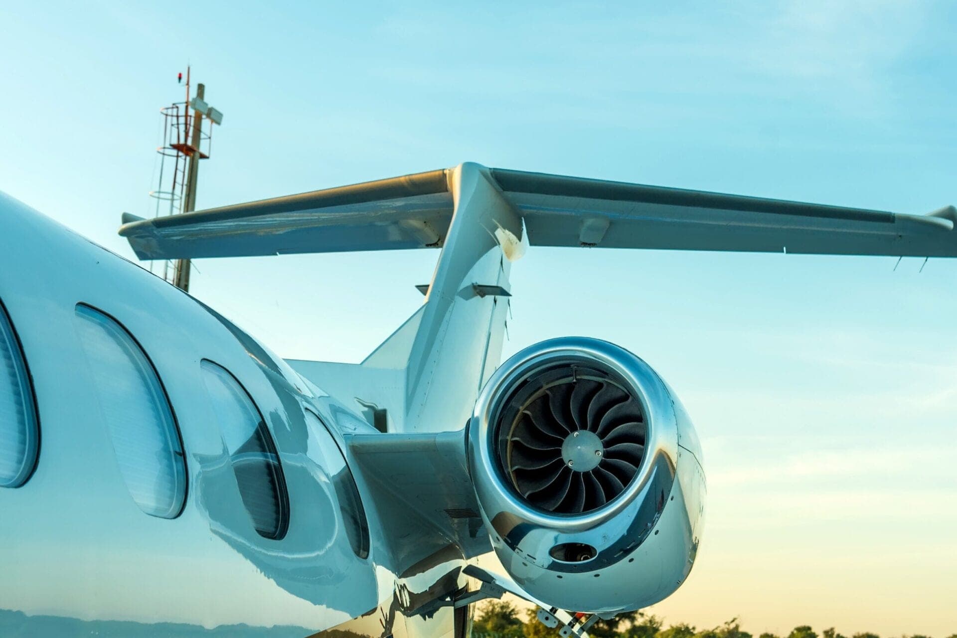 Close up view of rear tail and engine of private jet