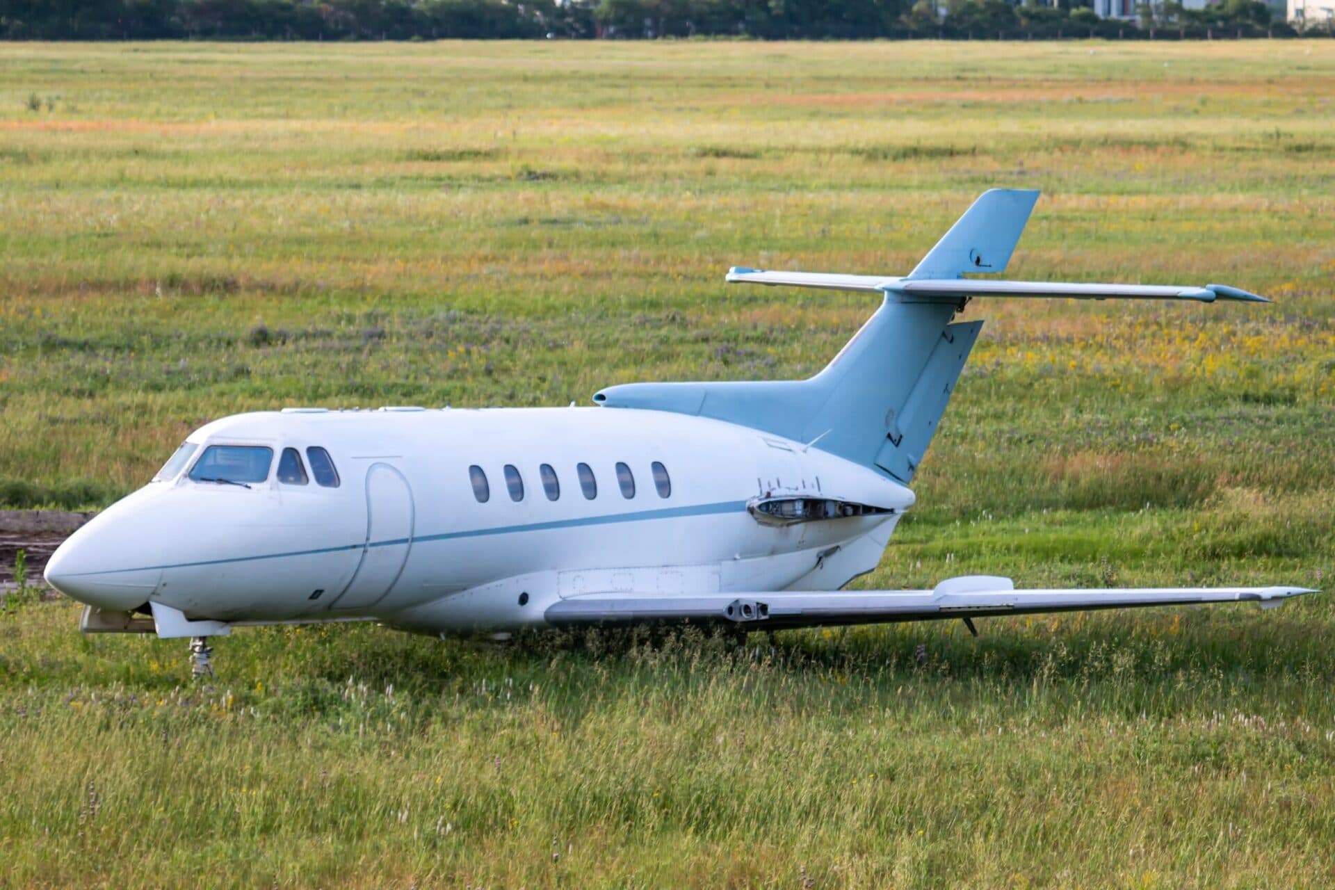 Hawker 800 crashed private jet in a field with no engines