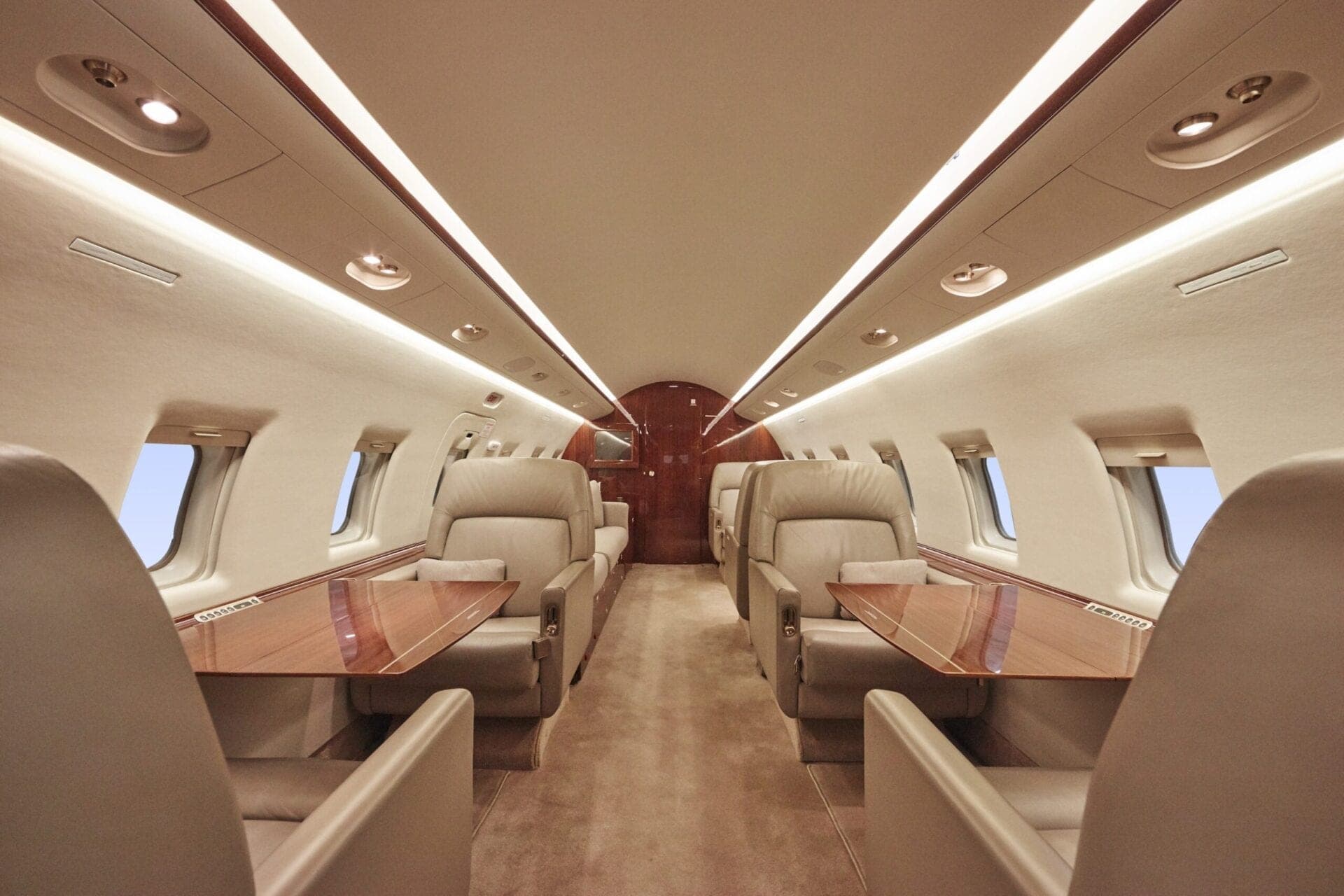 large jet interior from front of cabin looking back
