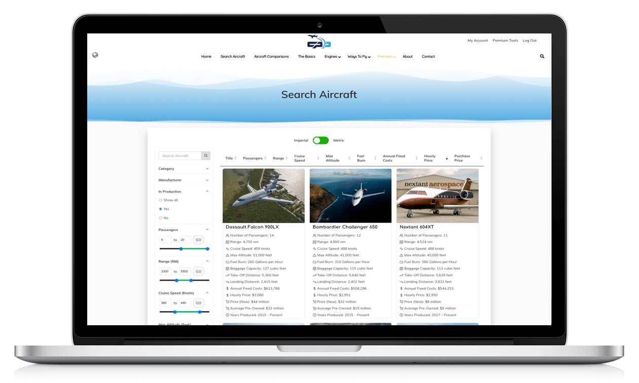 A laptop showing an aircraft search listing with filters and results