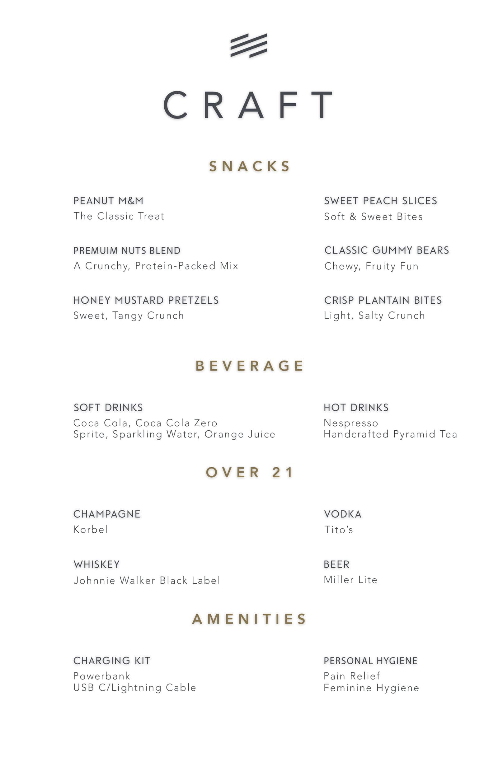 The CRAFT in-flight snack selection laid out in the cabin
