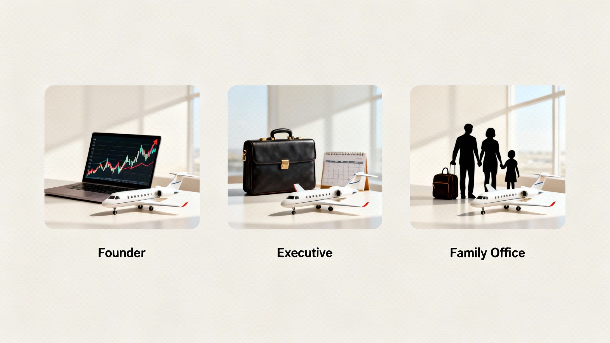 Three panels showing different private jet user profiles: Founder with a laptop, Executive with a briefcase, and a Family Office silhouette, each with a model private jet.
