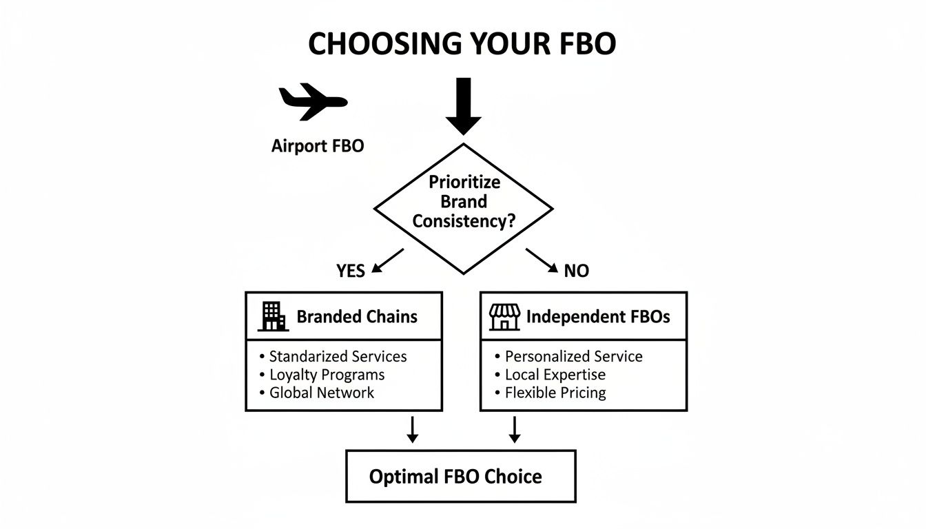 A flowchart guiding the selection of an Airport FBO based on prioritizing brand consistency.