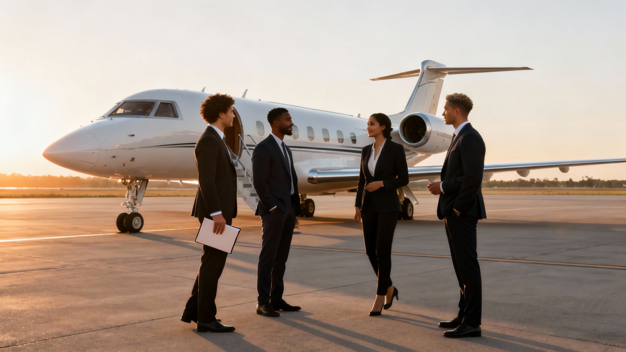 Four diverse business professionals in suits converse on a tarmac beside a private jet at sunset.