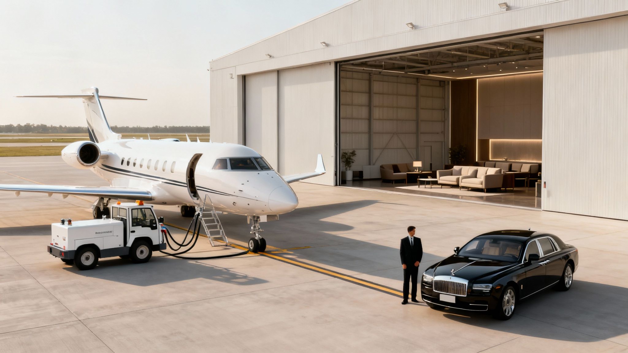A luxurious private jet is refueled on an airport tarmac next to a hangar, a chauffeur stands by a black Rolls-Royce.