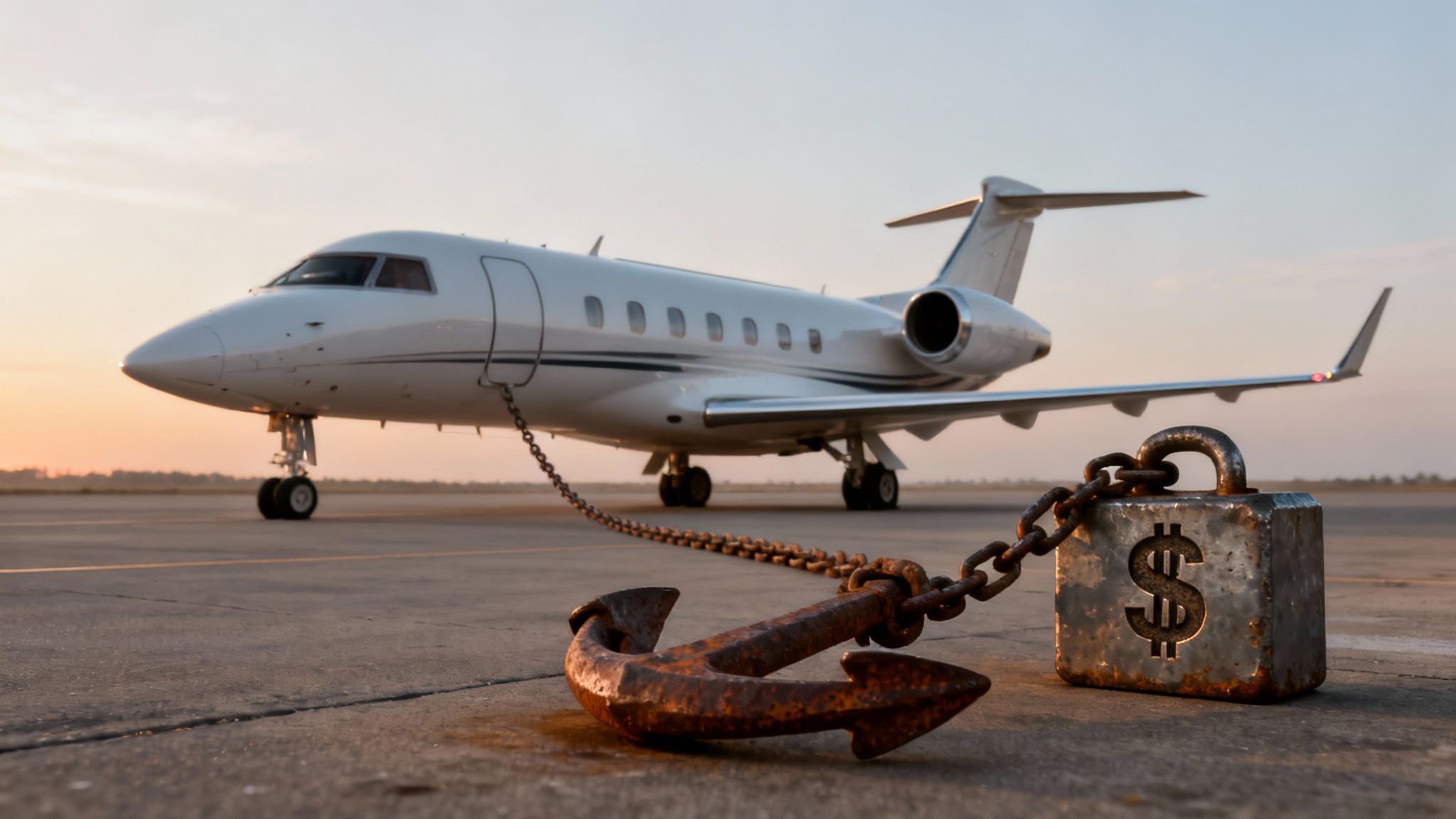 Private jet chained to a rusty anchor and dollar-sign padlock on an airport runway at sunset.