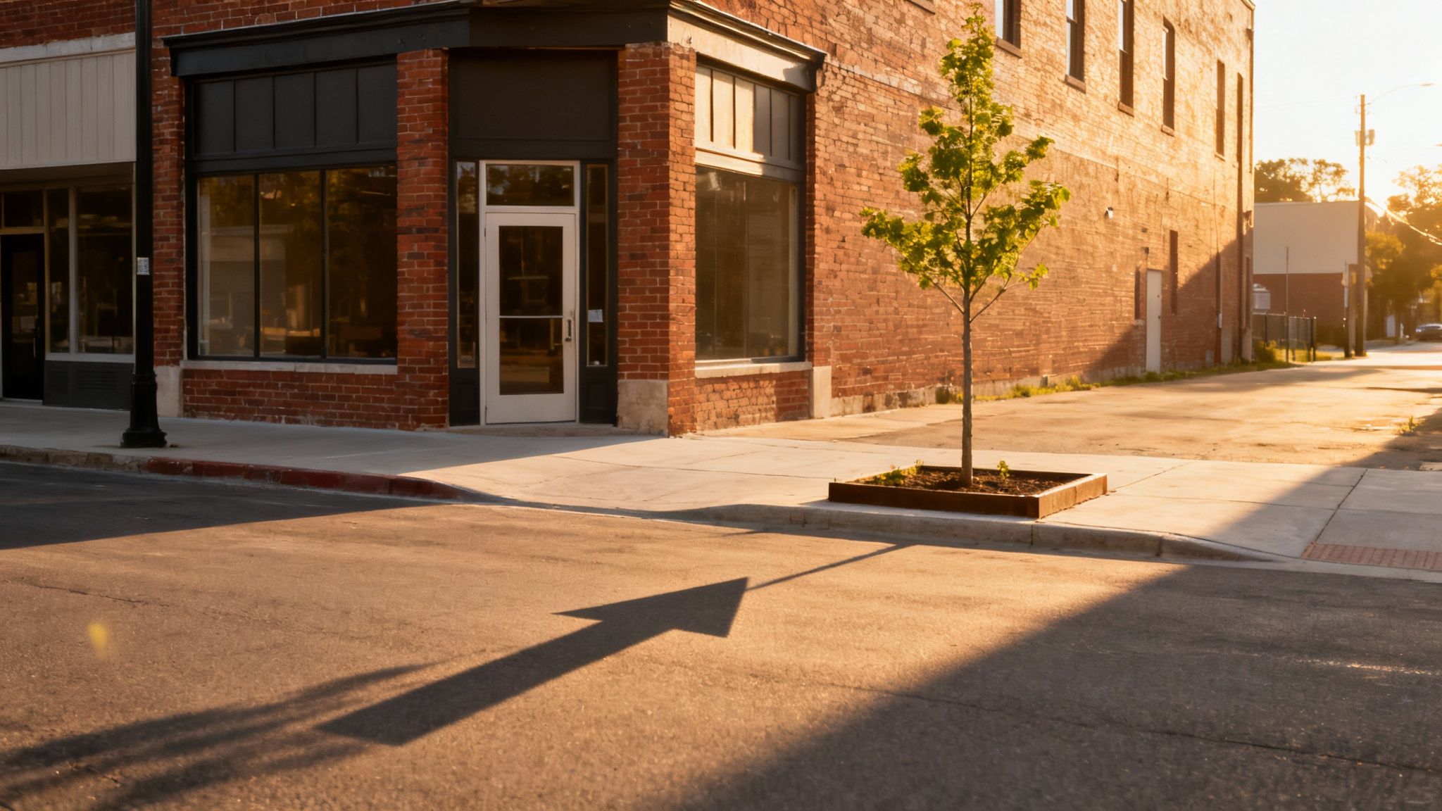 A quiet street scene with a brick building, a small tree, and a distinct arrow-shaped shadow on the sunlit asphalt.
