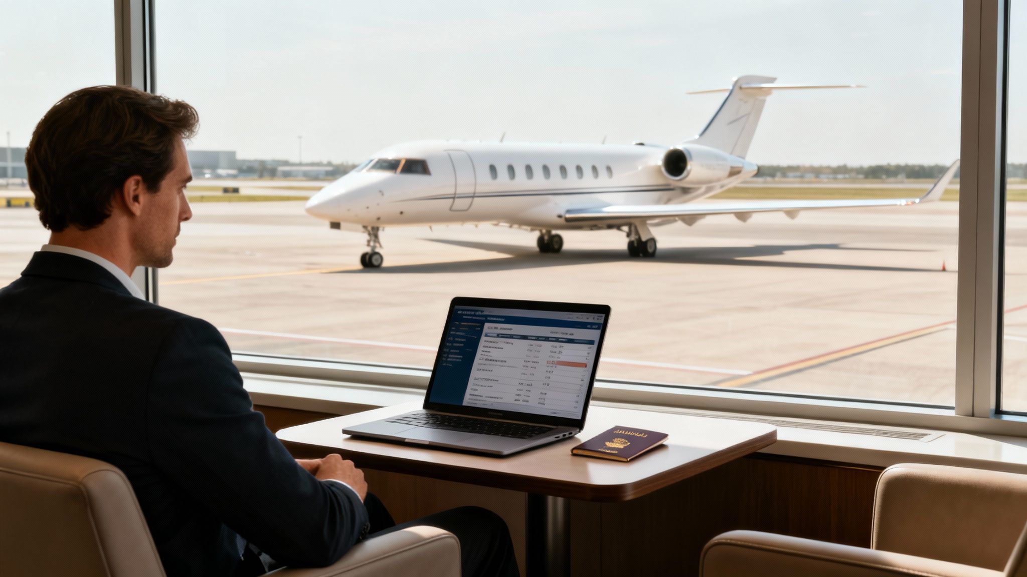A businessman works on a laptop in an airport lounge, observing a private jet outside.