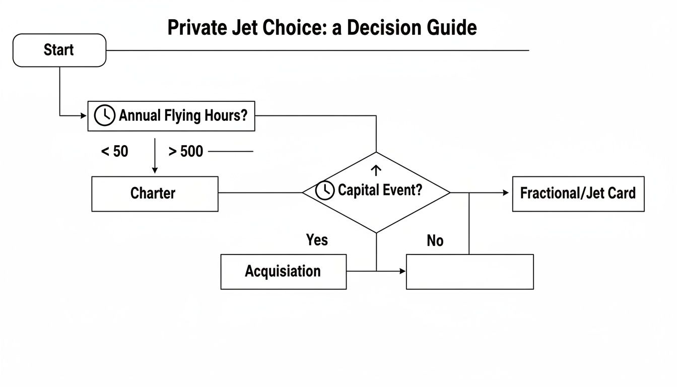Flowchart outlining private jet choices based on annual flying hours, capital events, and acquisition.