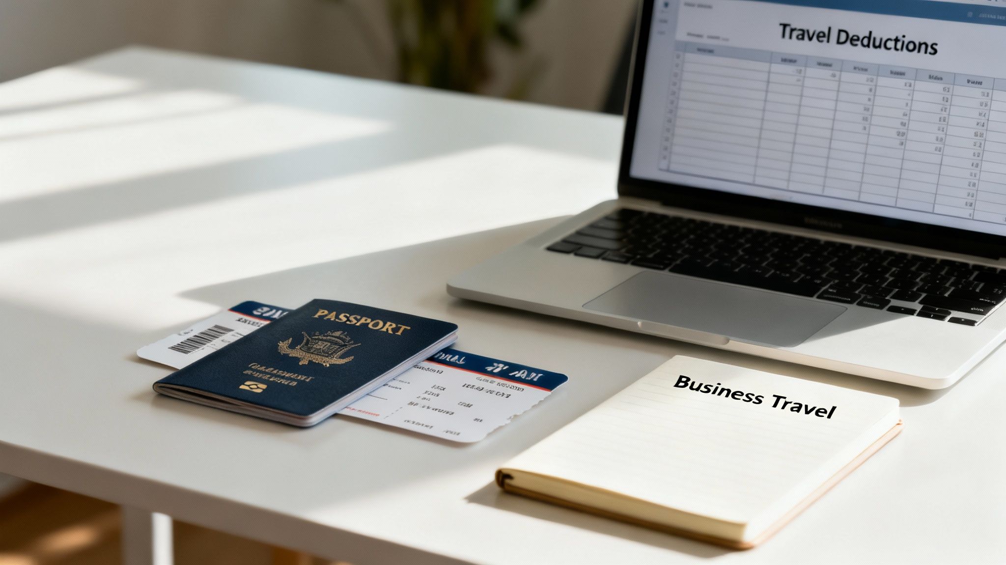 A laptop displaying a travel deductions spreadsheet next to a passport, airplane tickets, and a 'Business Travel' notebook.