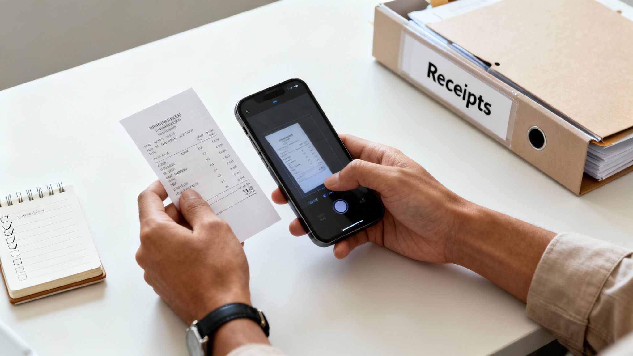 Close-up of hands scanning a paper receipt with a smartphone camera, with a 'Receipts' binder and notebook on a desk.