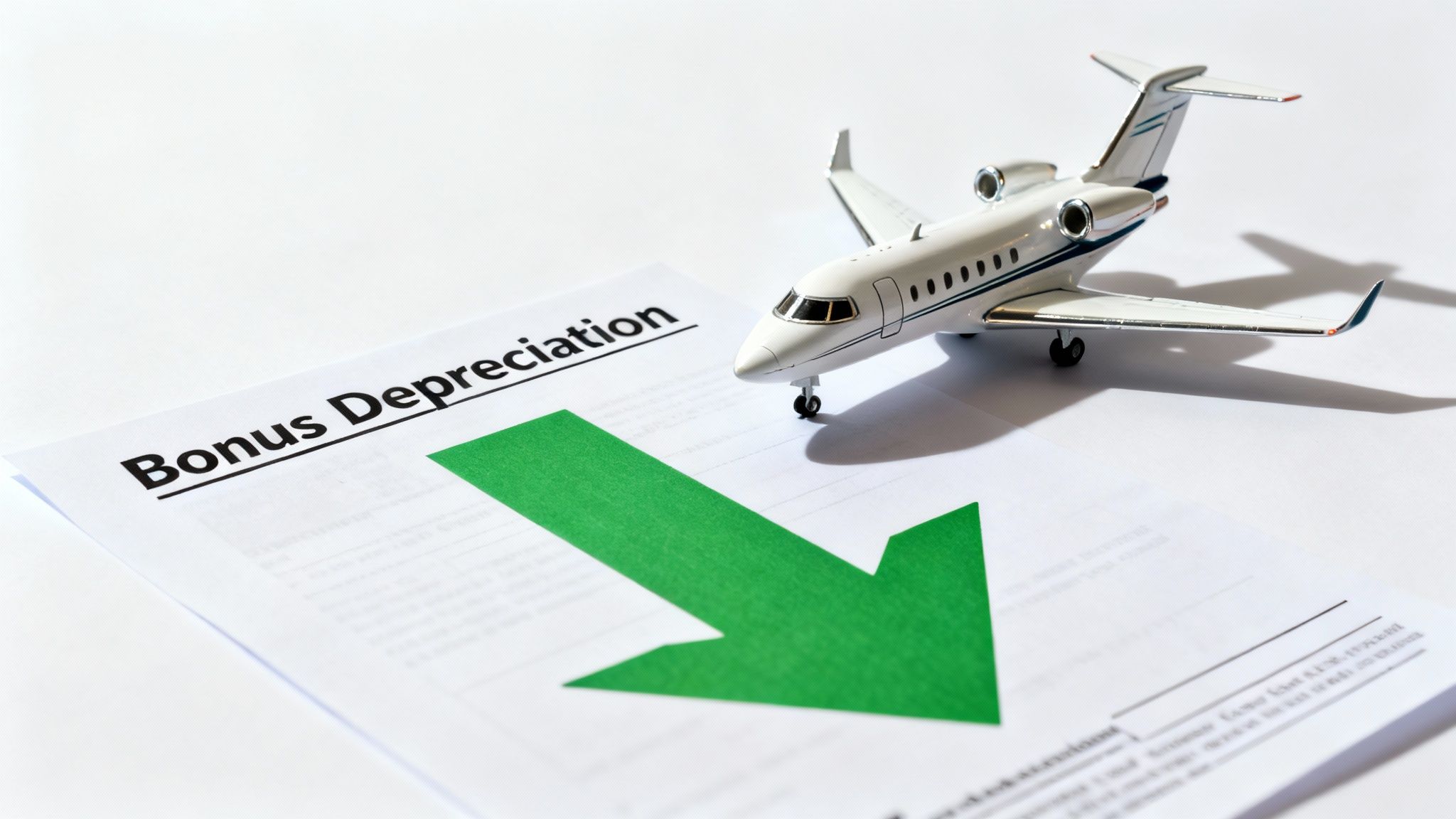 A toy airplane sits on a document titled 'Bonus Depreciation' with a green downward arrow, symbolizing tax benefits.
