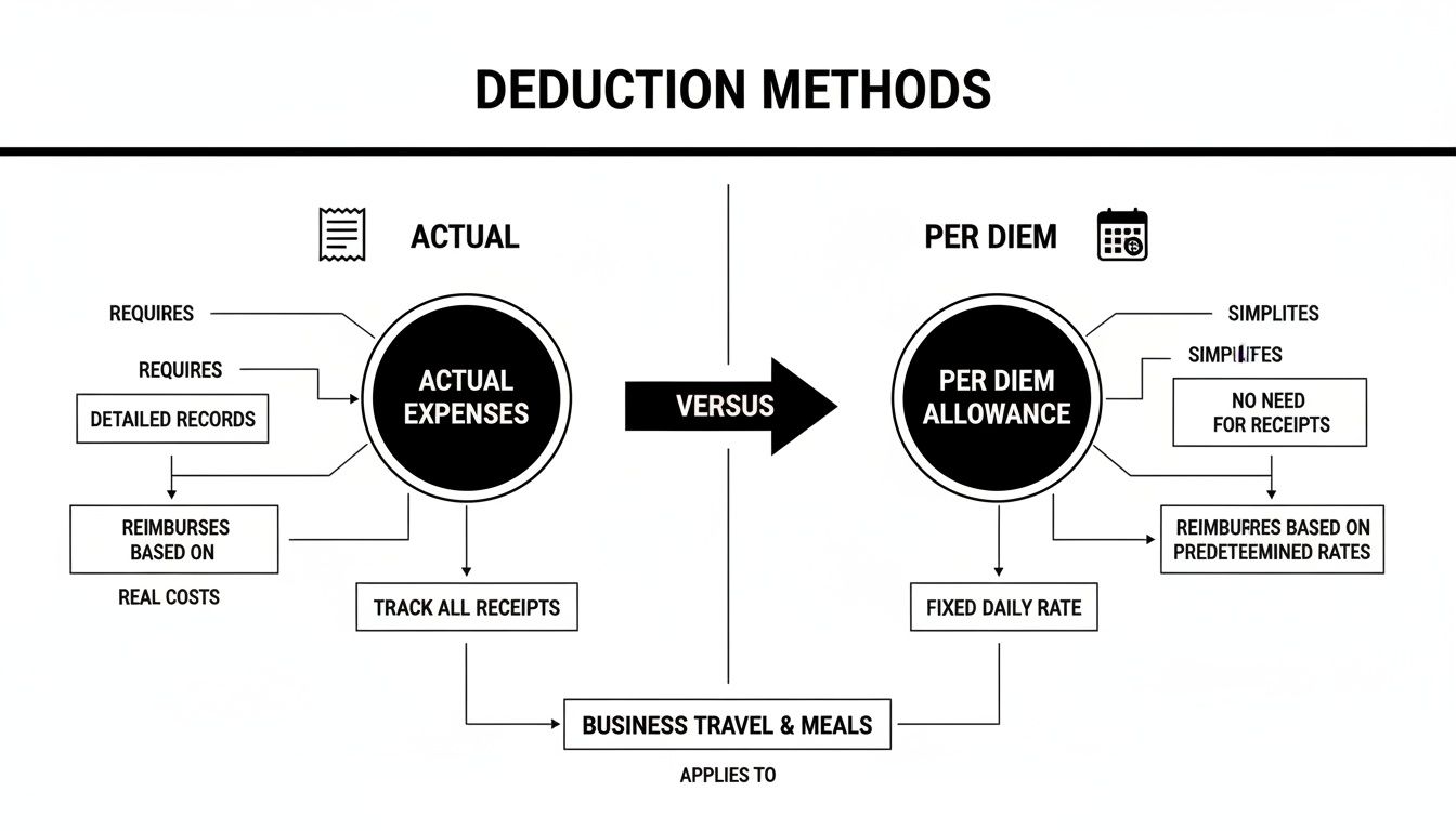 Flowchart comparing actual expense tracking versus per diem allowance for business travel and meals.