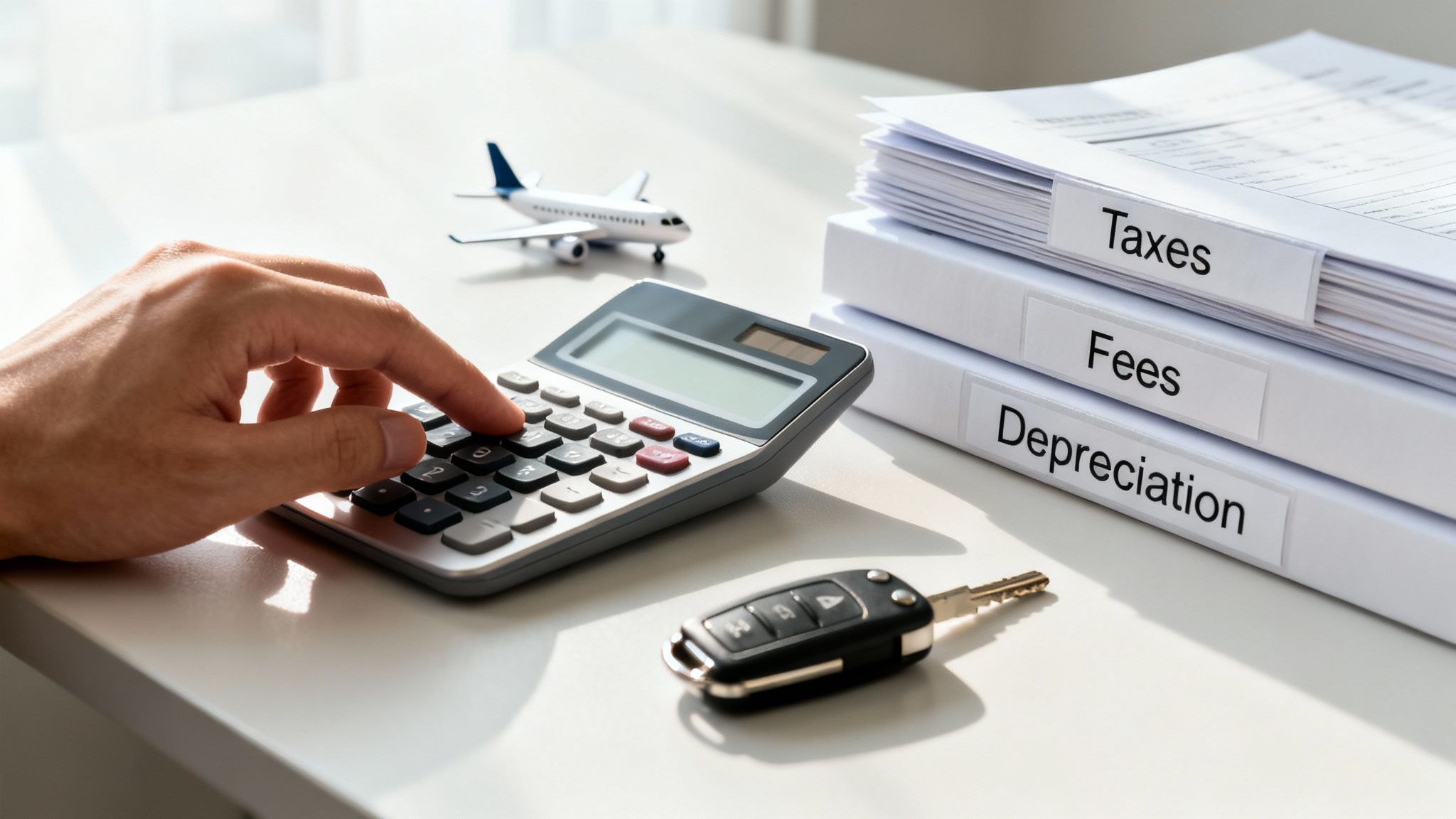 Hand calculating finances with a calculator, car key, airplane model, and tax documents.