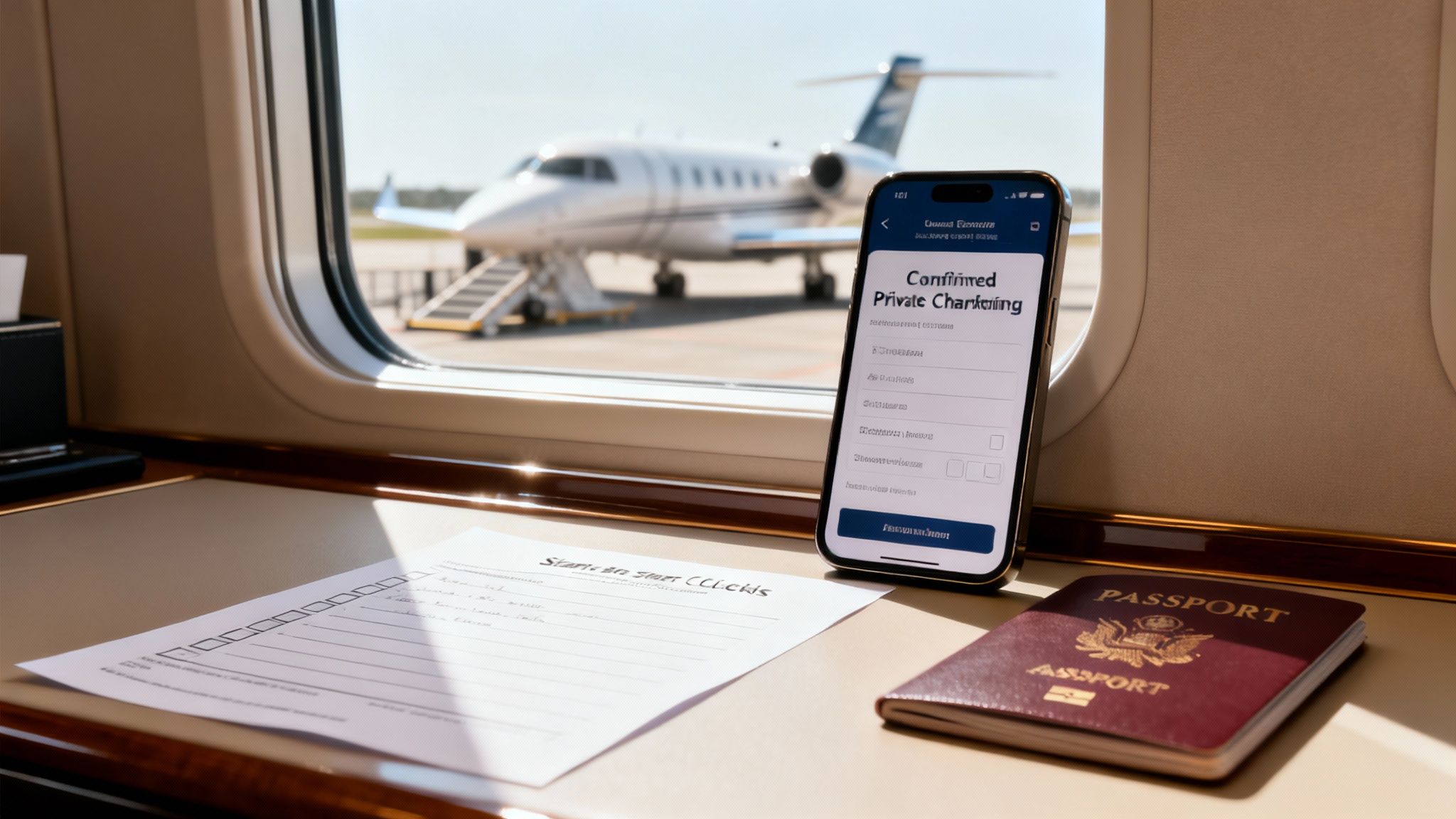 Inside a private jet, a smartphone confirms private chartering next to a passport and a checklist, with another jet visible outside.