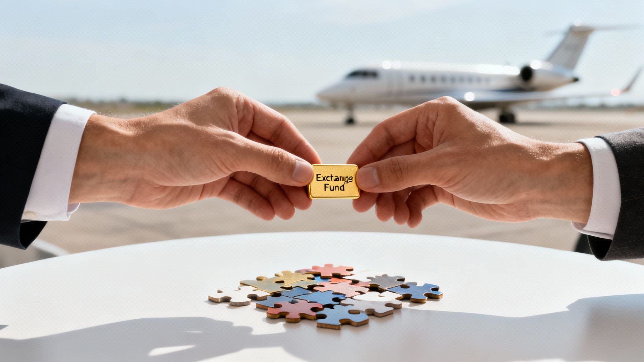 Two business hands hold a golden 'Exchange Fund' bar over puzzle pieces, with a private jet in the background.