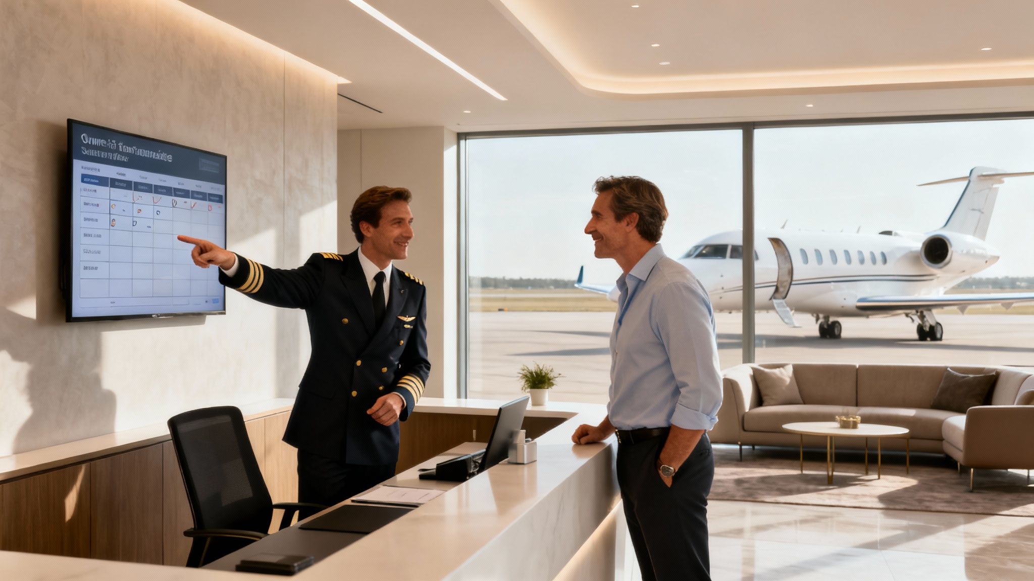 A pilot points at a screen, explaining flight details to a passenger in a modern airport lounge.