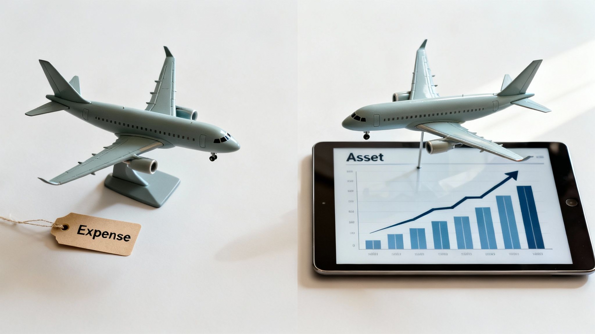 Two model airplanes represent business finance: one with an 'Expense' tag, the other over an 'Asset' growth chart on a tablet.