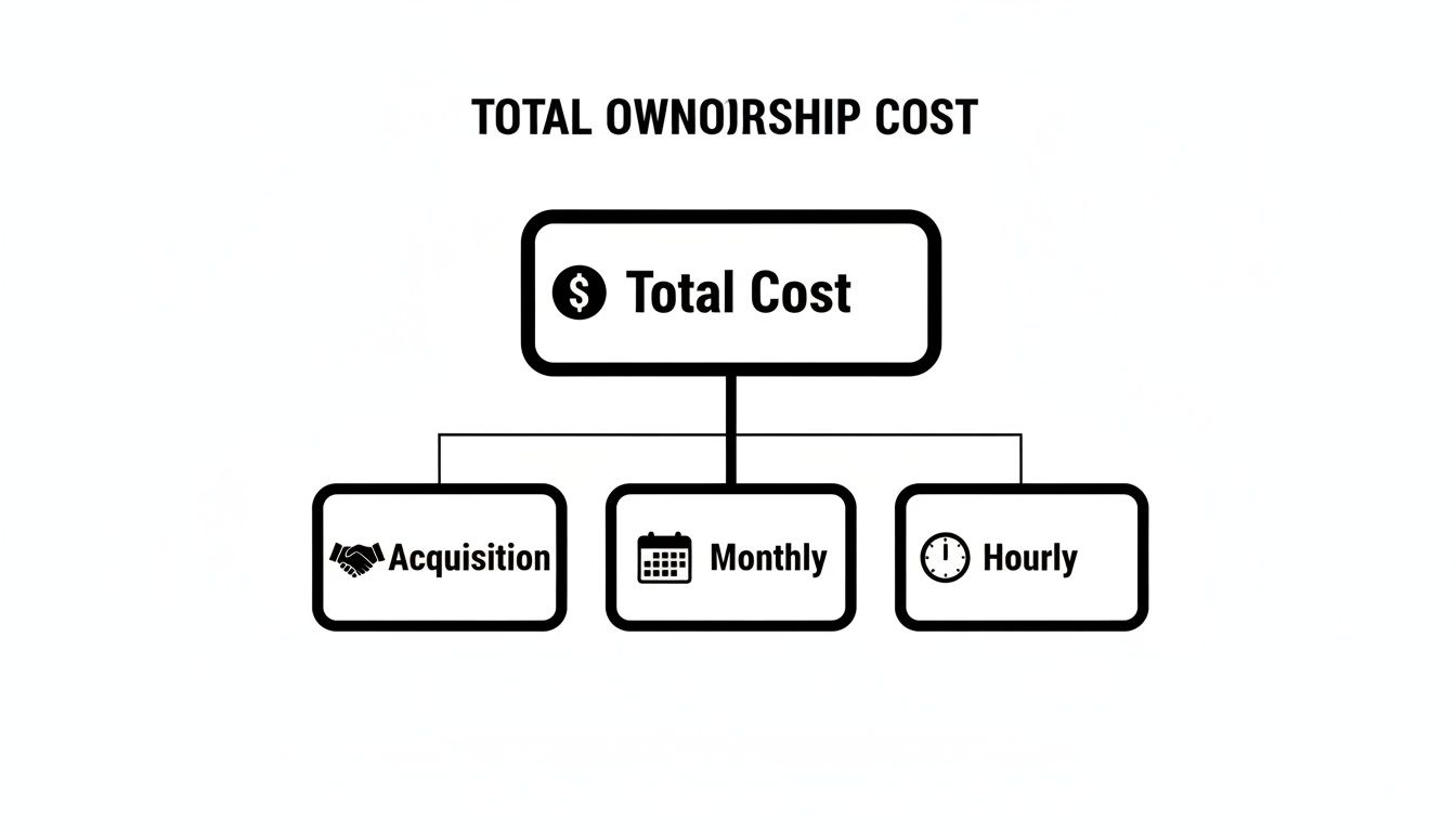Diagram illustrating total ownership cost broken down into acquisition, monthly, and hourly expenses.