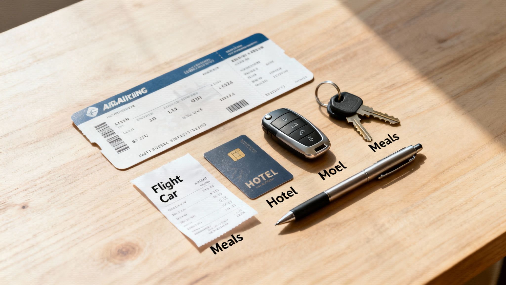 A flat lay of business travel essentials on a wooden table, including flight ticket, hotel card, car keys, and receipts.