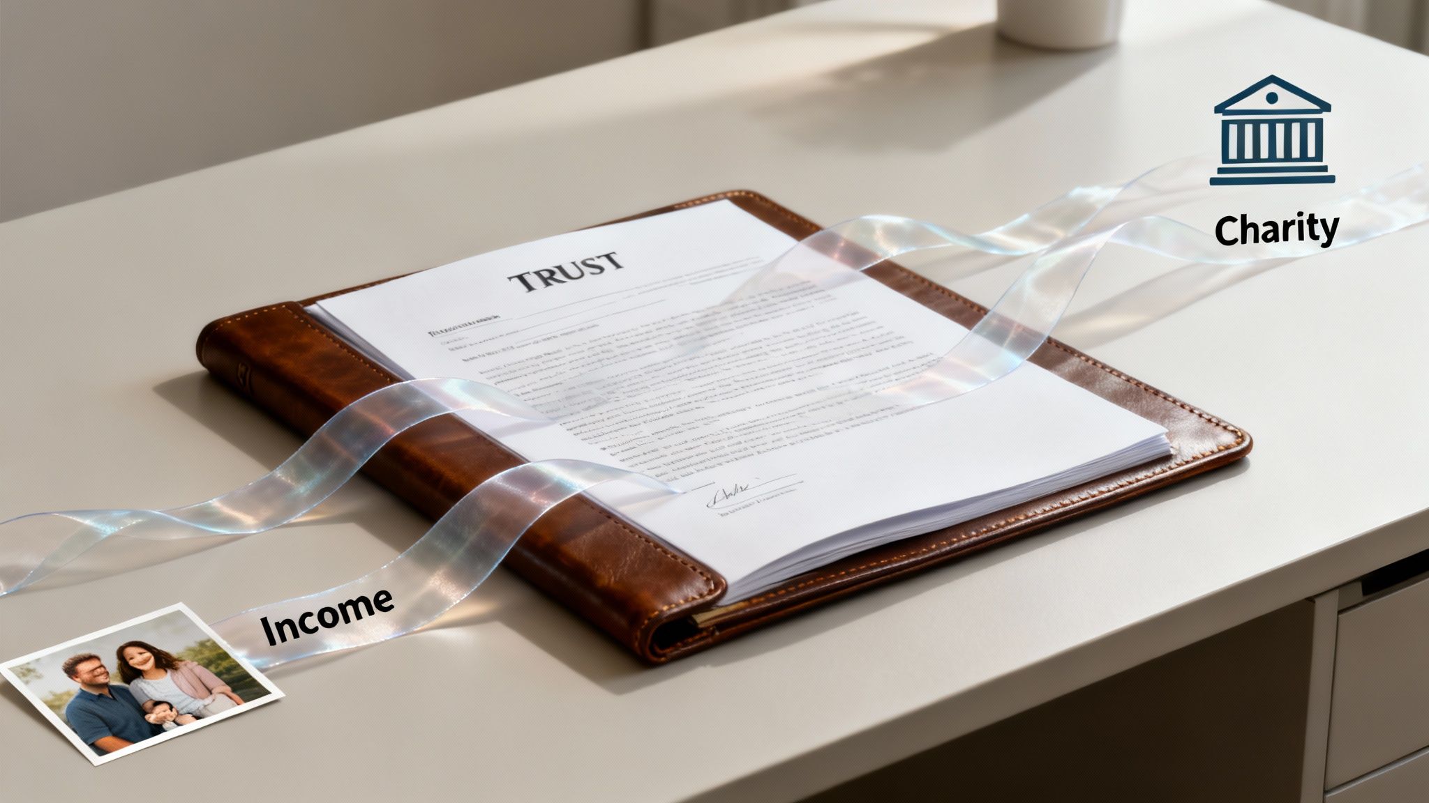 Trust document on desk with ribbon connecting family income to charity, symbolizing financial planning.