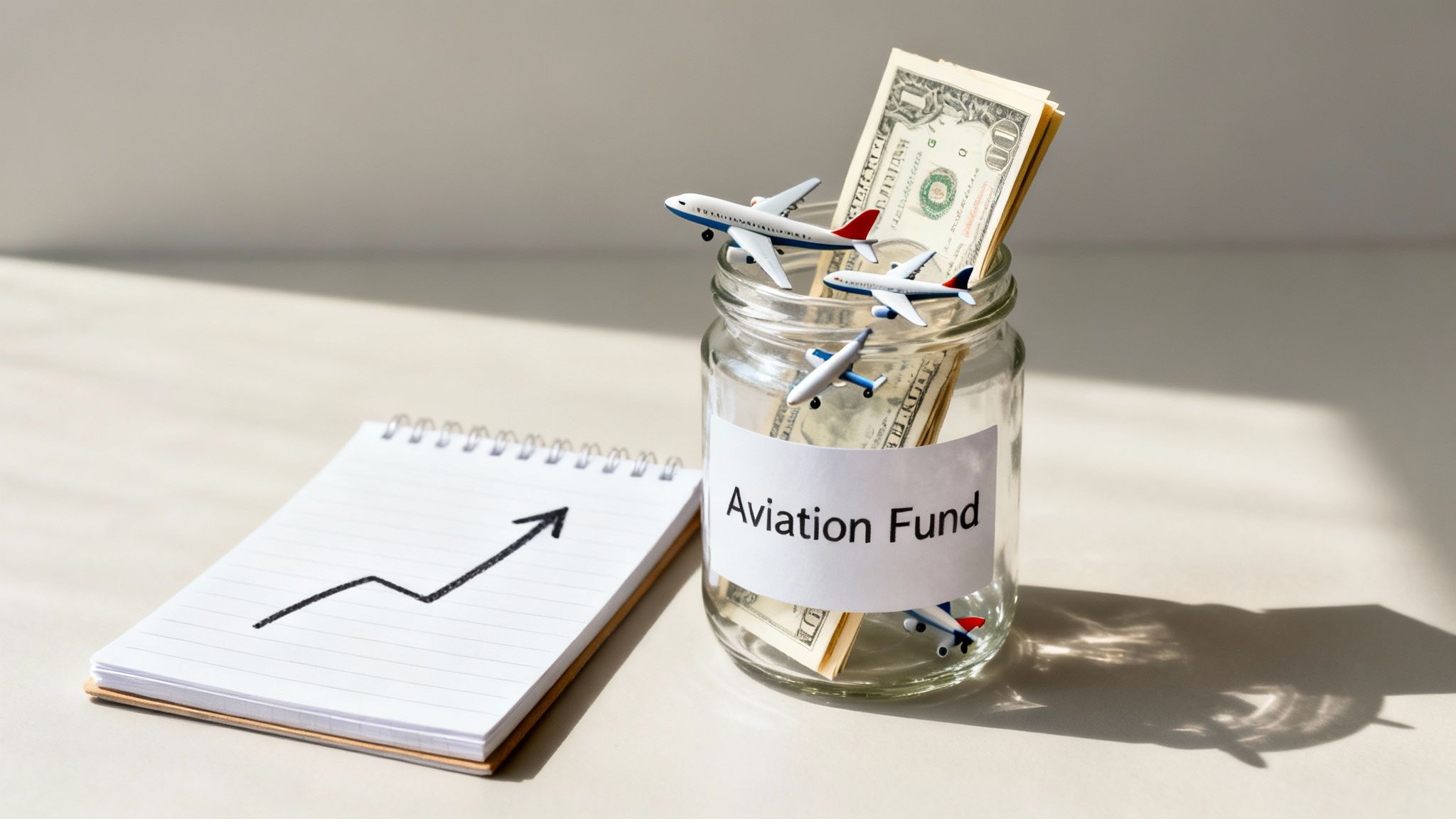 A glass jar labeled 'Aviation Fund' filled with dollar bills and toy airplanes, with an upward trend graph.