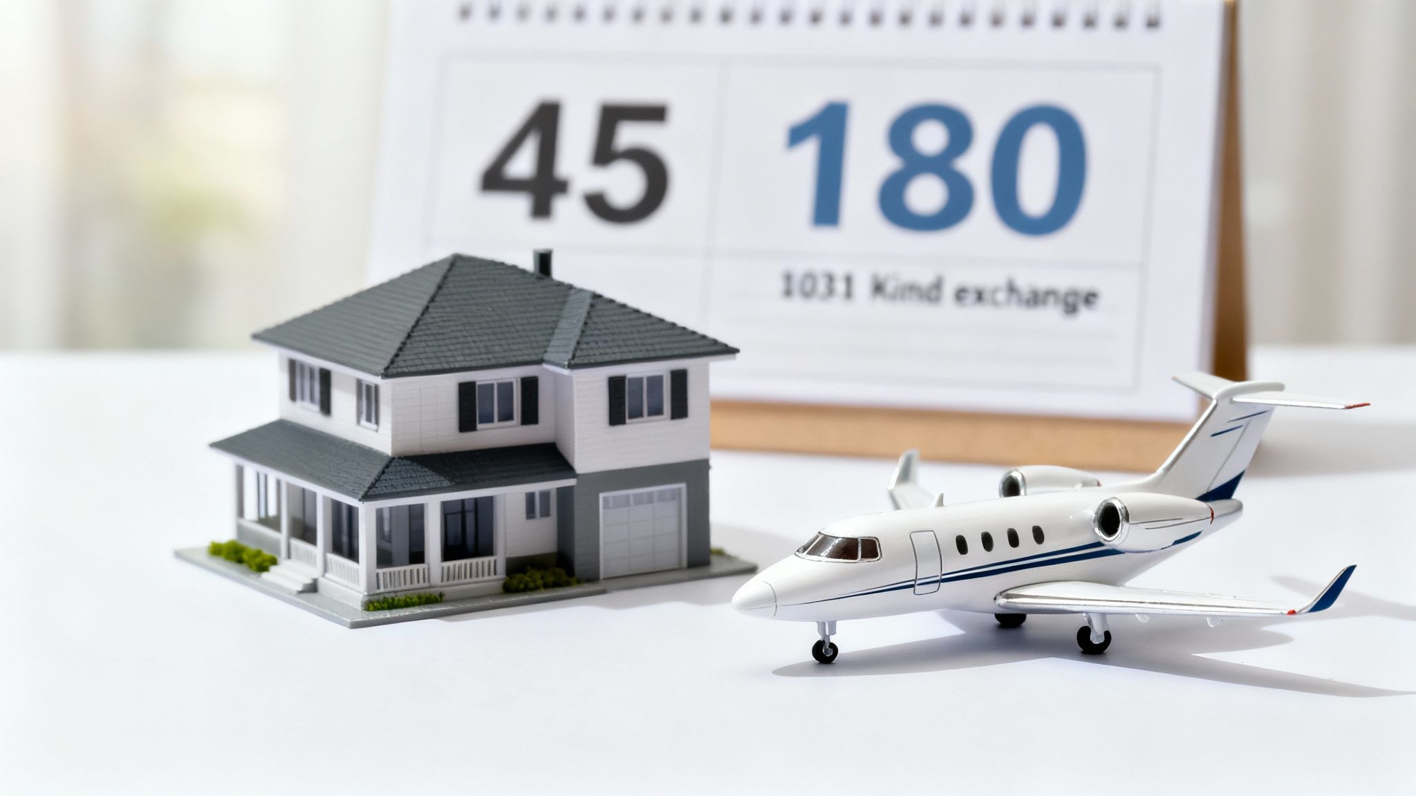 A miniature house and airplane with a calendar showing '45', '180', and '1031 Kind exchange'.